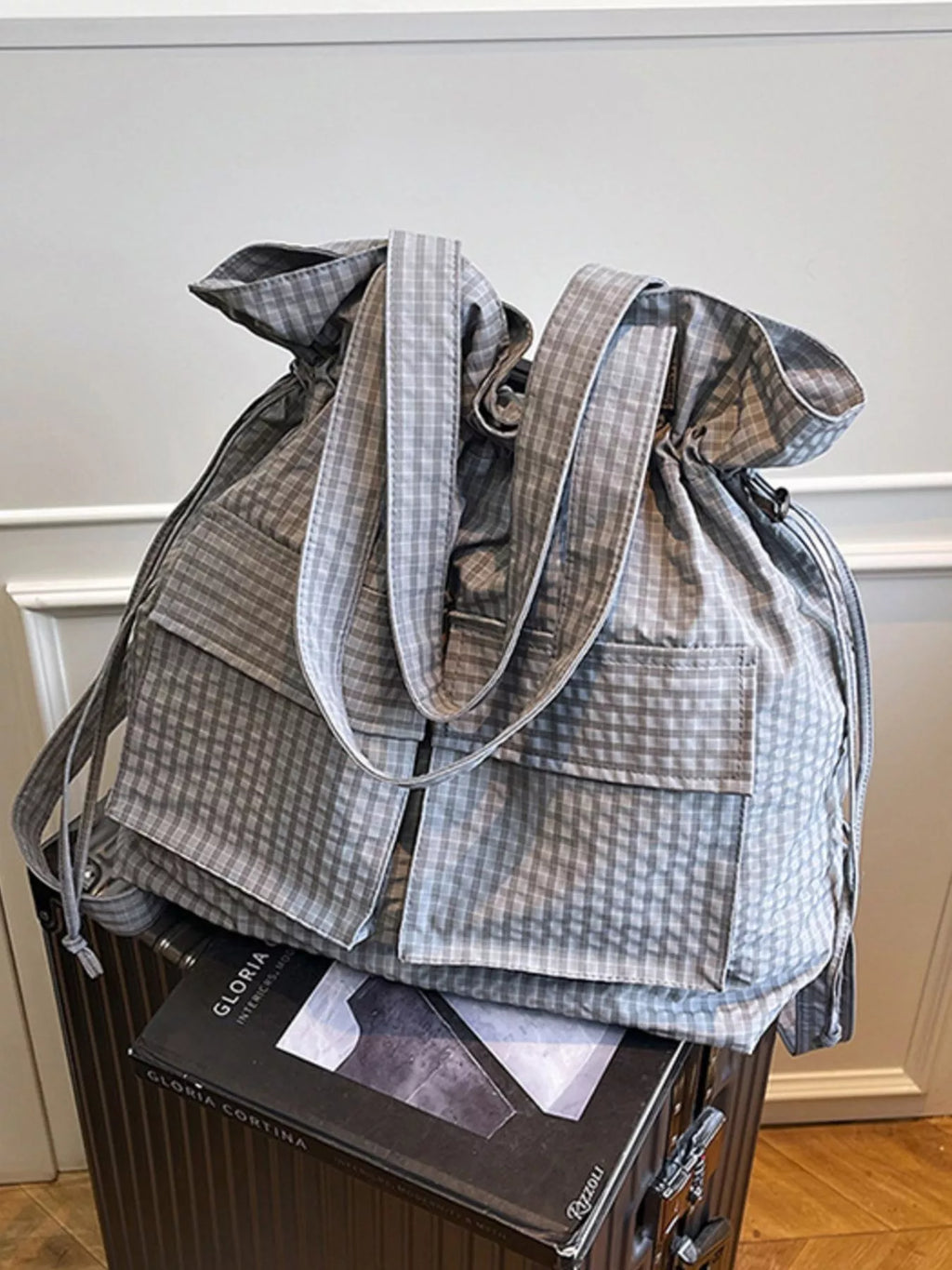 Convertible Plaid Drawstring Backpack Bag