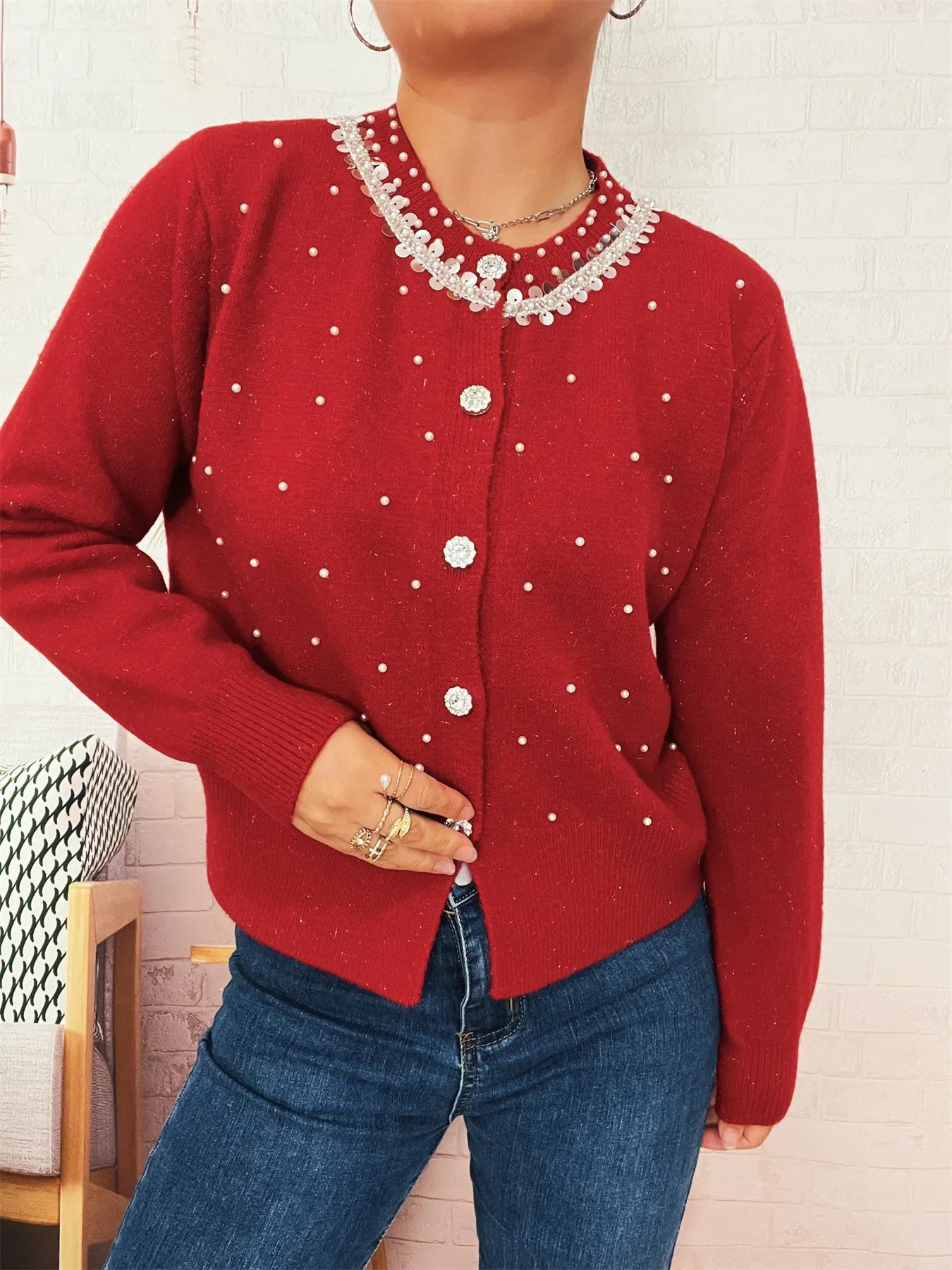 Pearl Detail Button-Front Cardigan