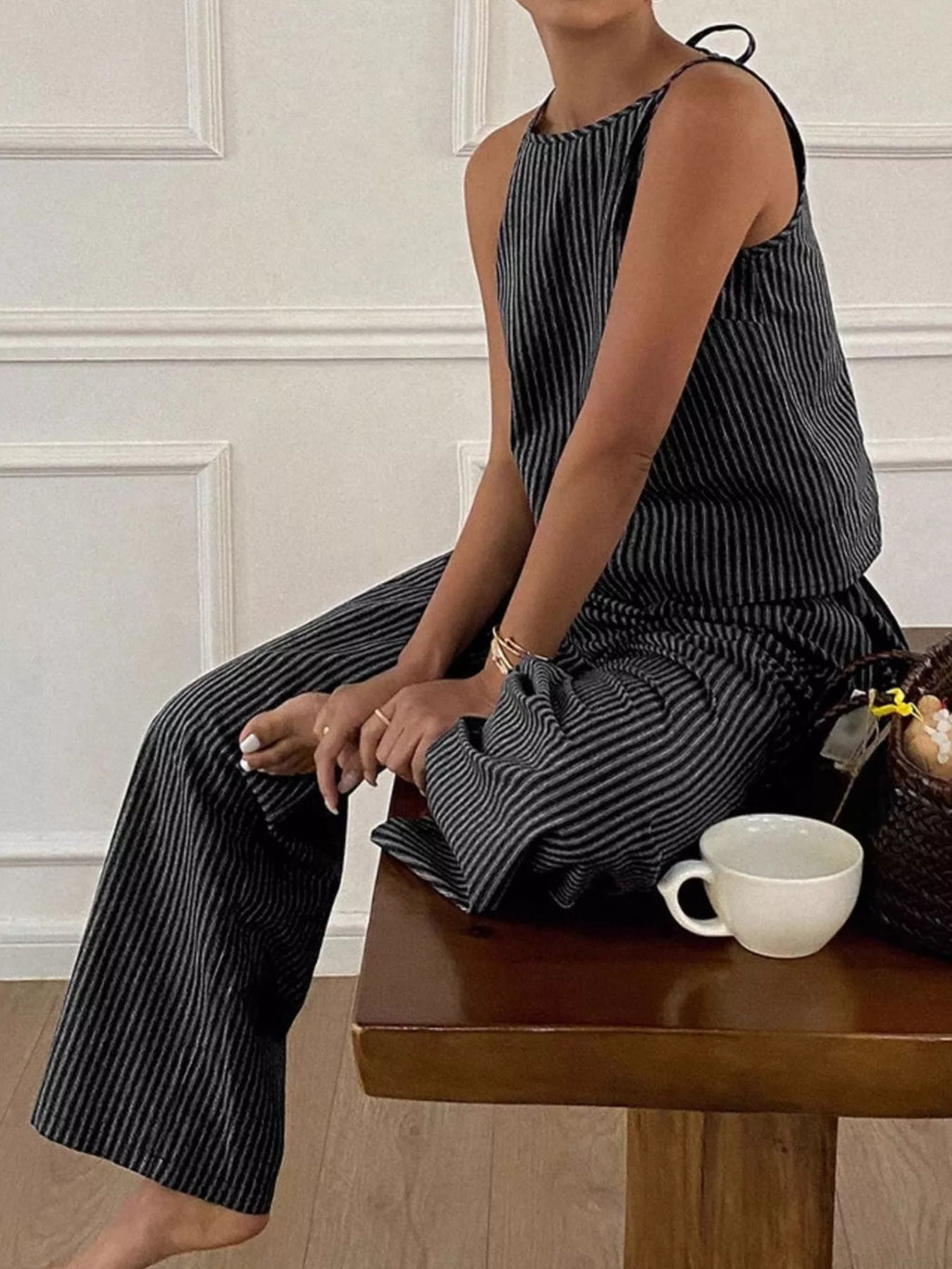 Striped Sleeveless Top and Wide-Leg Pants Set