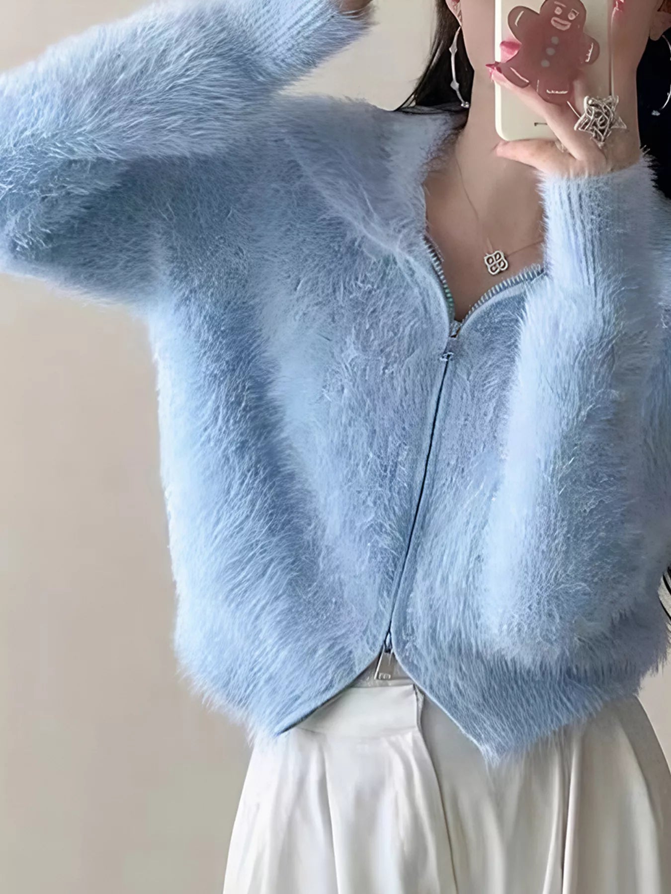 Fluffy Knit Zip-Up Outerwear