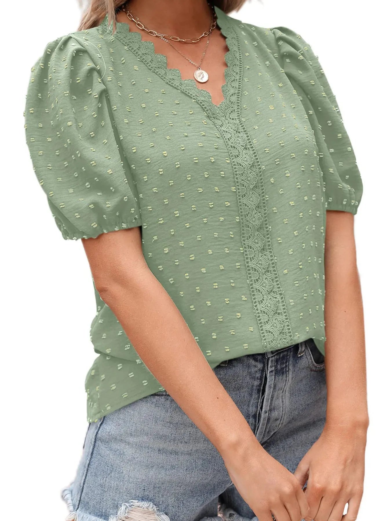 Puff Sleeve Swiss Dot Lace Trim Blouse