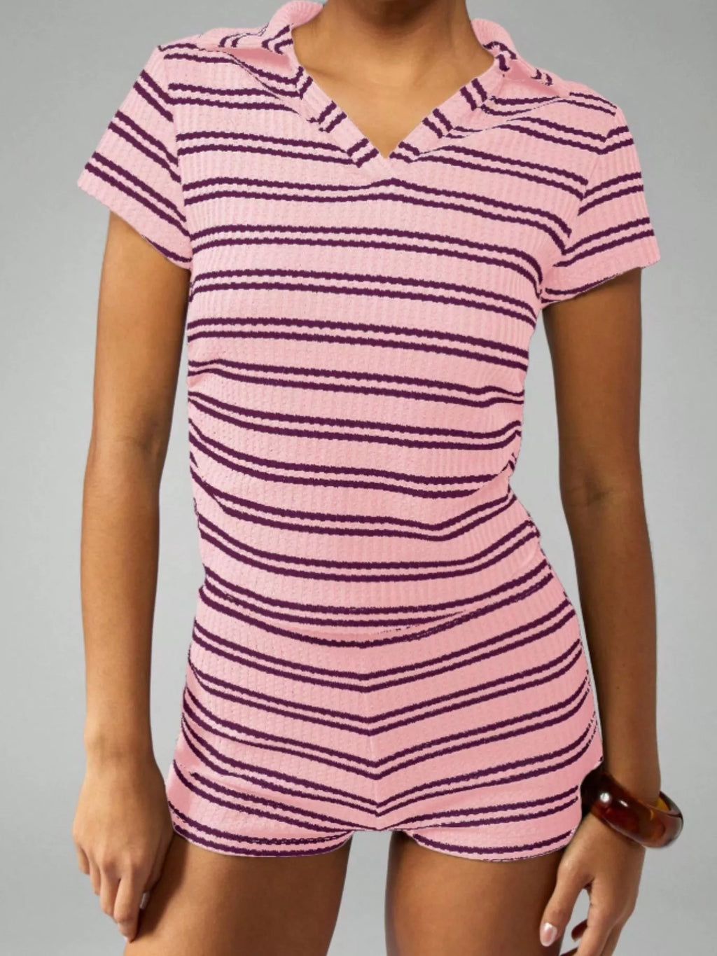 Striped Knit Short Sleeve Top & Shorts Set