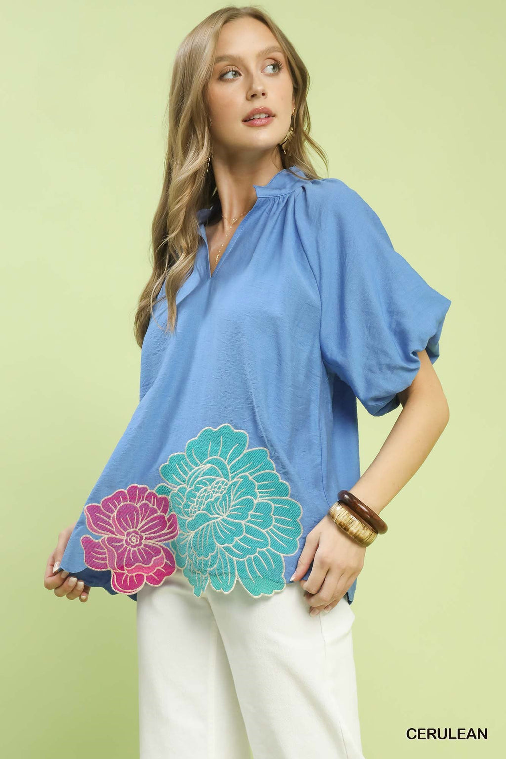 Umgee Floral Embroidered Hem Blouse