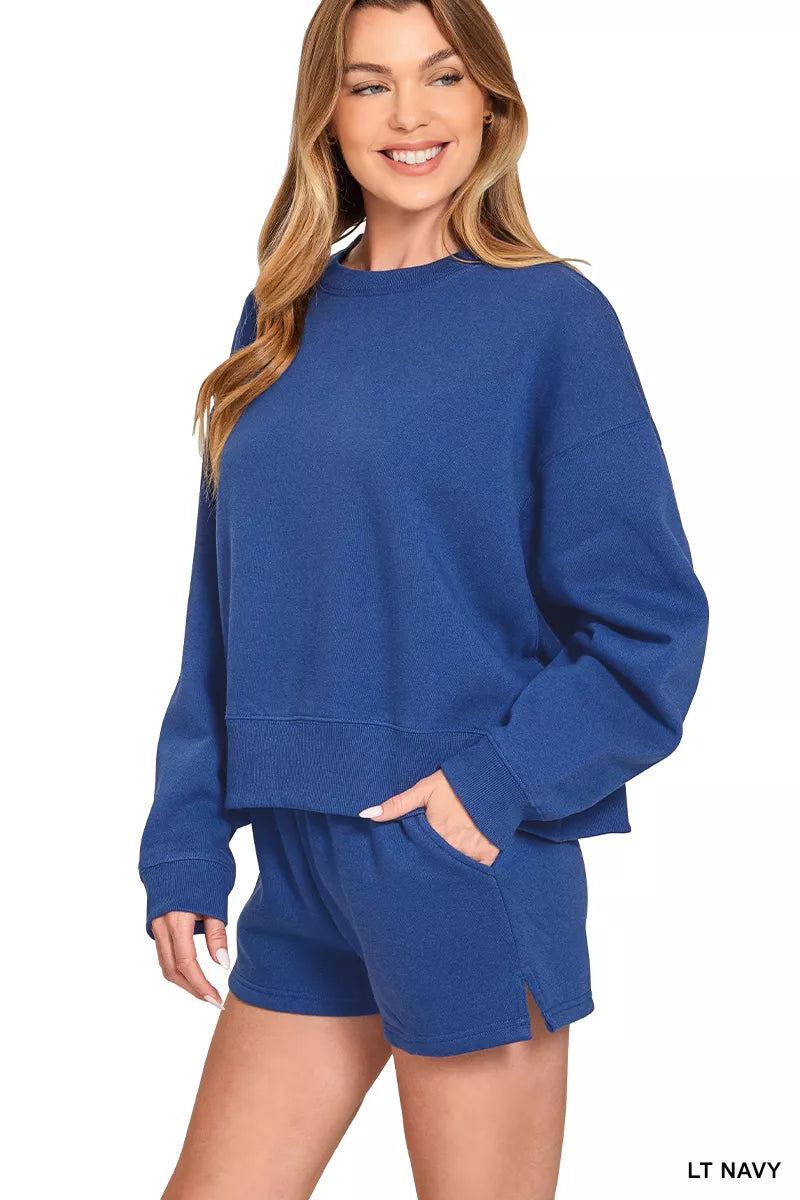 Zenana Fleece Round Neck Sweatshirt and Shorts Set