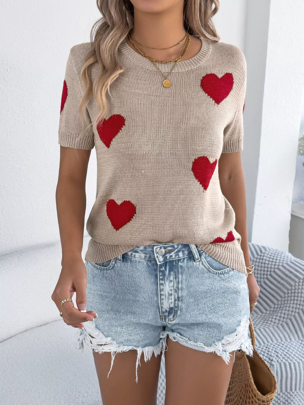 Heart Pattern Round Neck Short Sleeve Sweater
