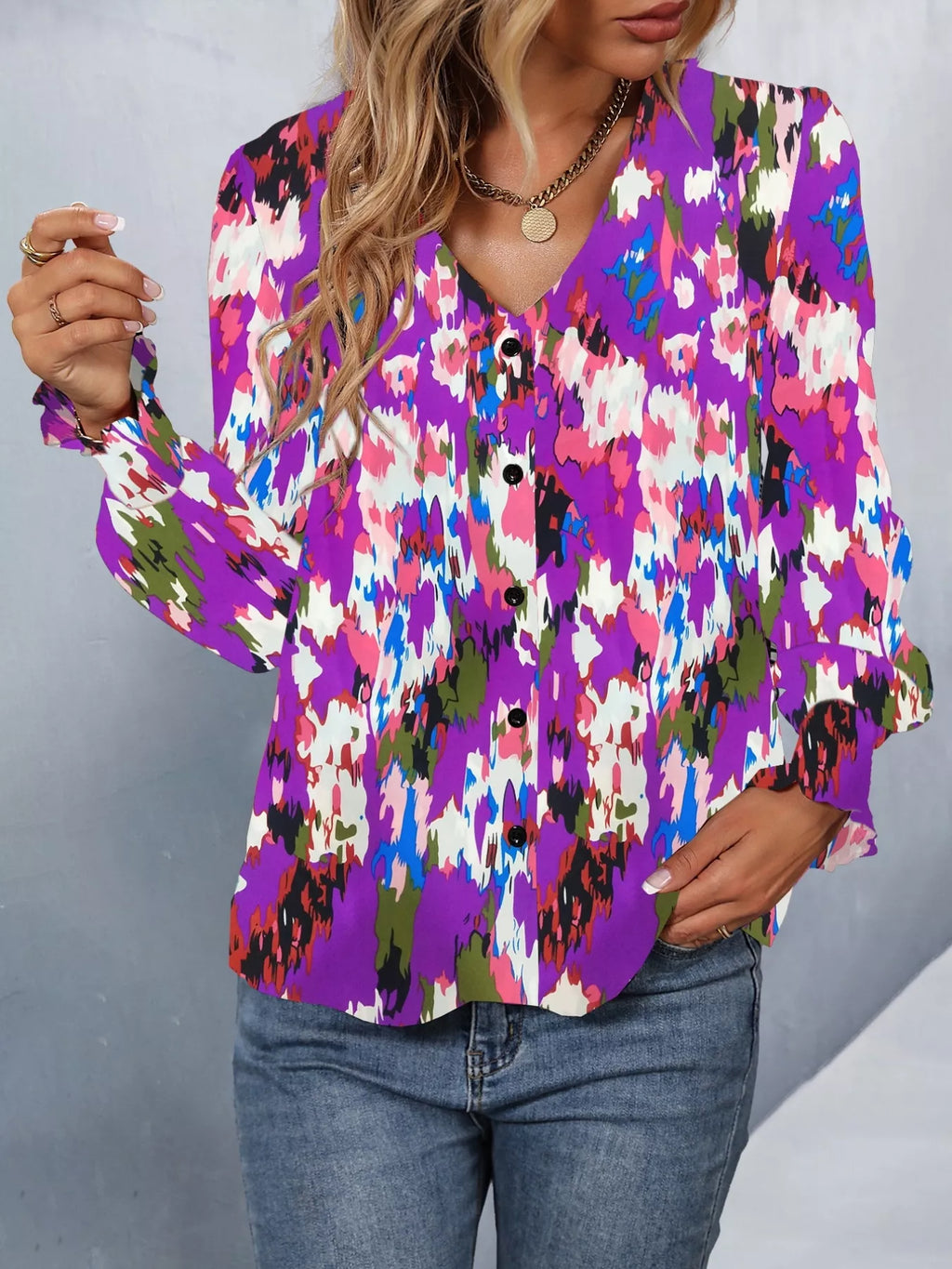 Printed Button Up Long Sleeve Shirt