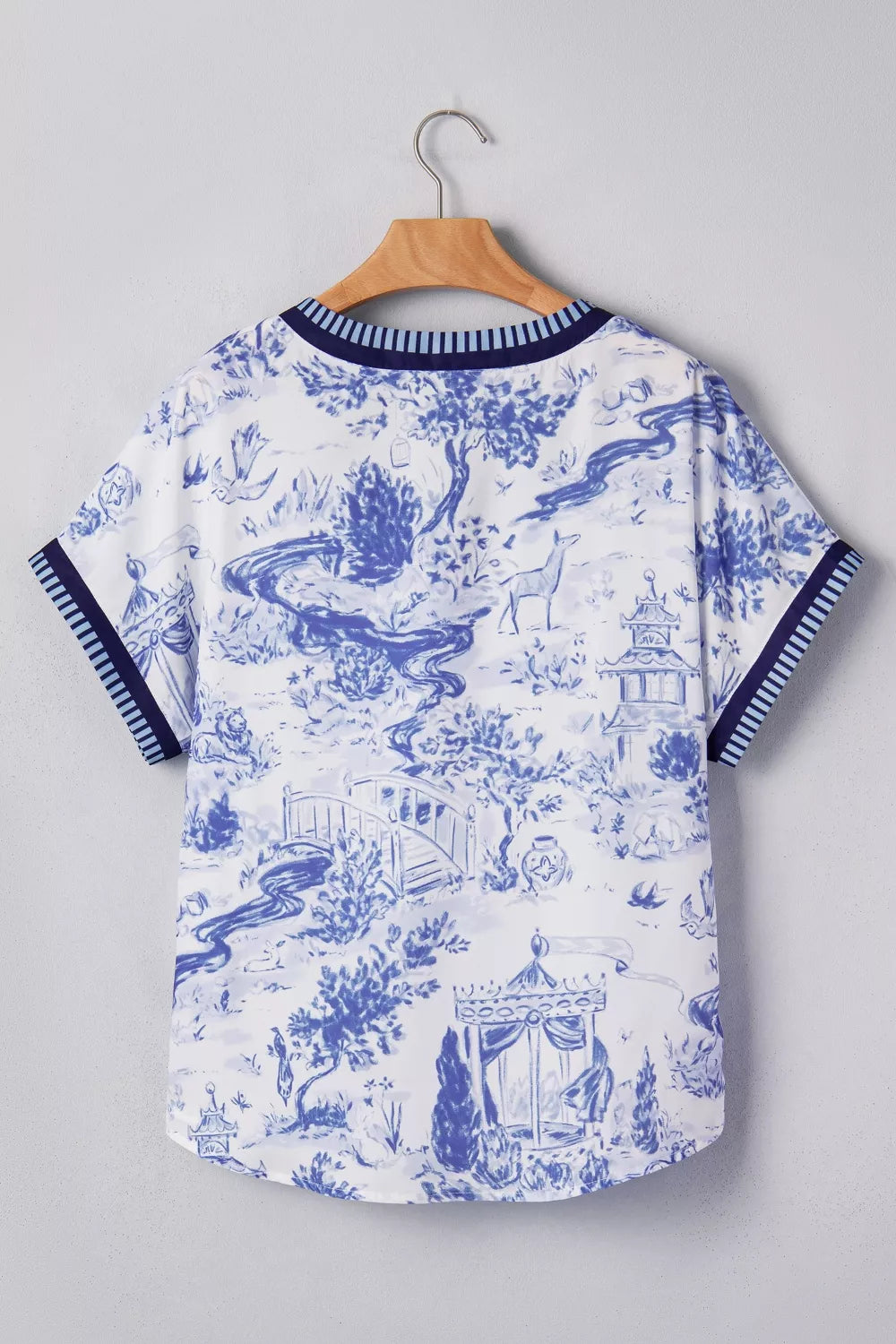 Printed Striped Trim V-Neck Blouse