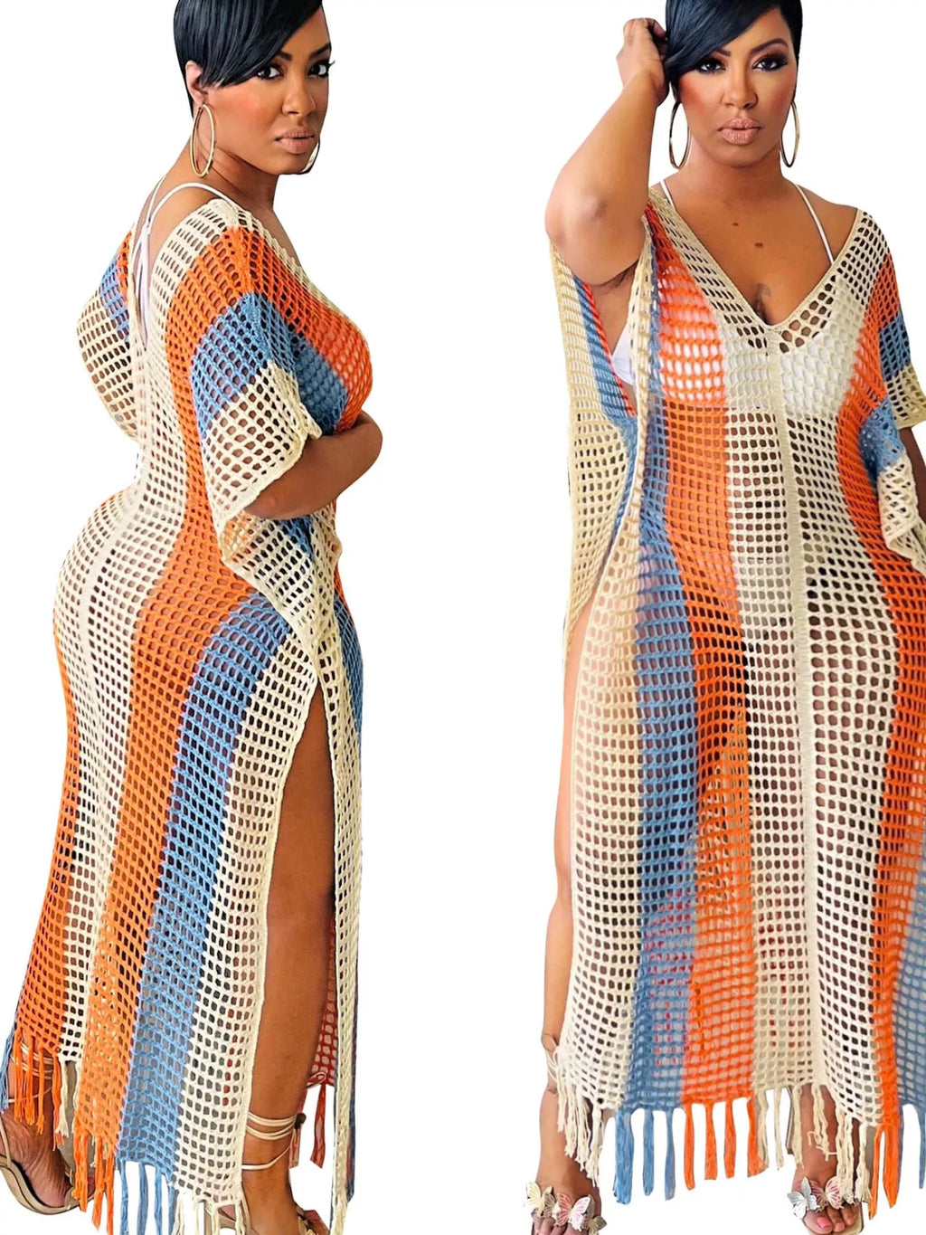 Striped Crochet Cover-Up Dress with Fringe