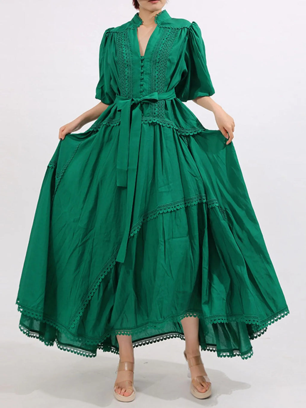 Lace Detail Notched Puff Sleeve Maxi Dress