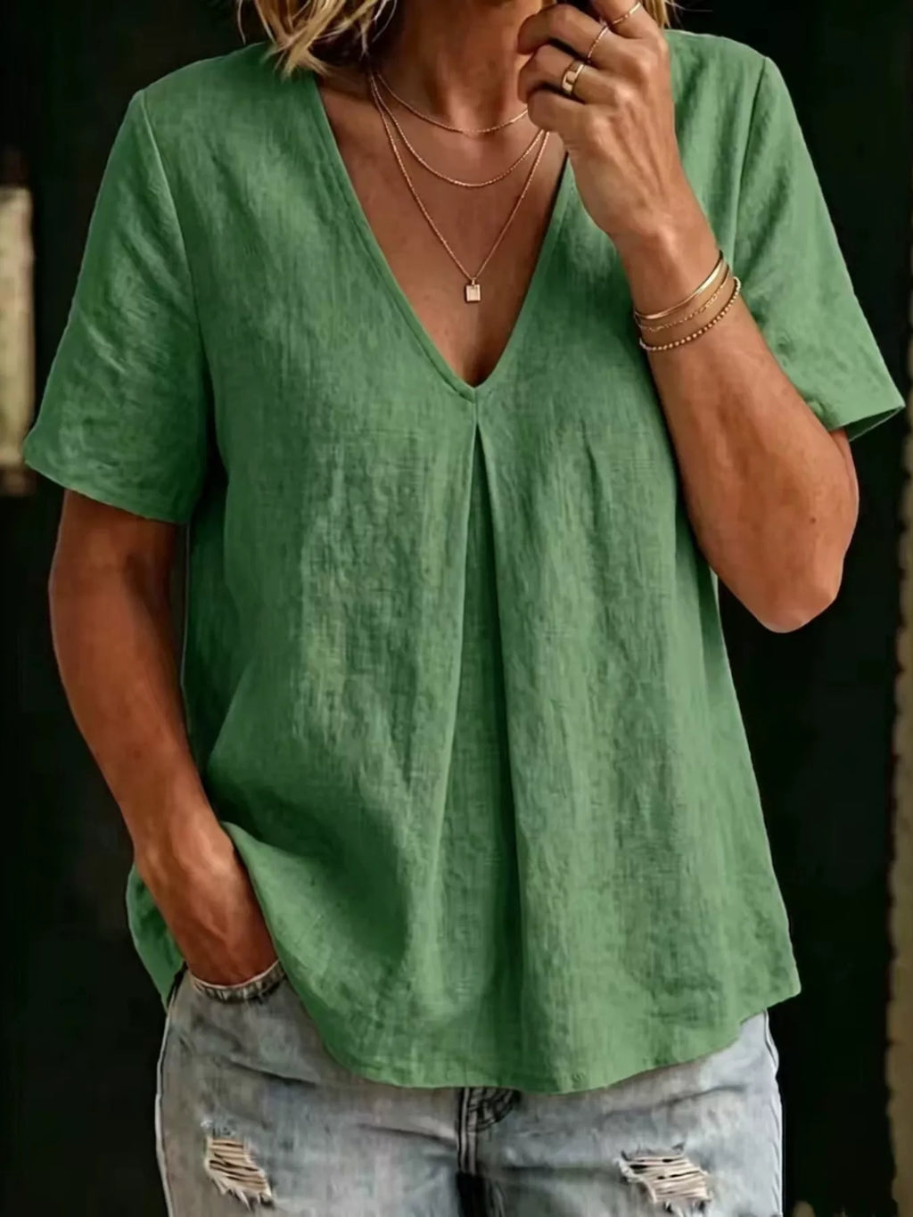 Full Size V-Neck Pleated Short Sleeve Blouse Plus Size