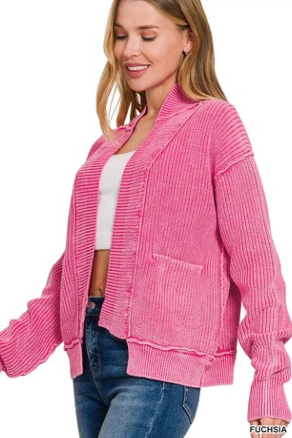 Zenana Washed Dropped Shoulder Cardigan with Side Pockets
