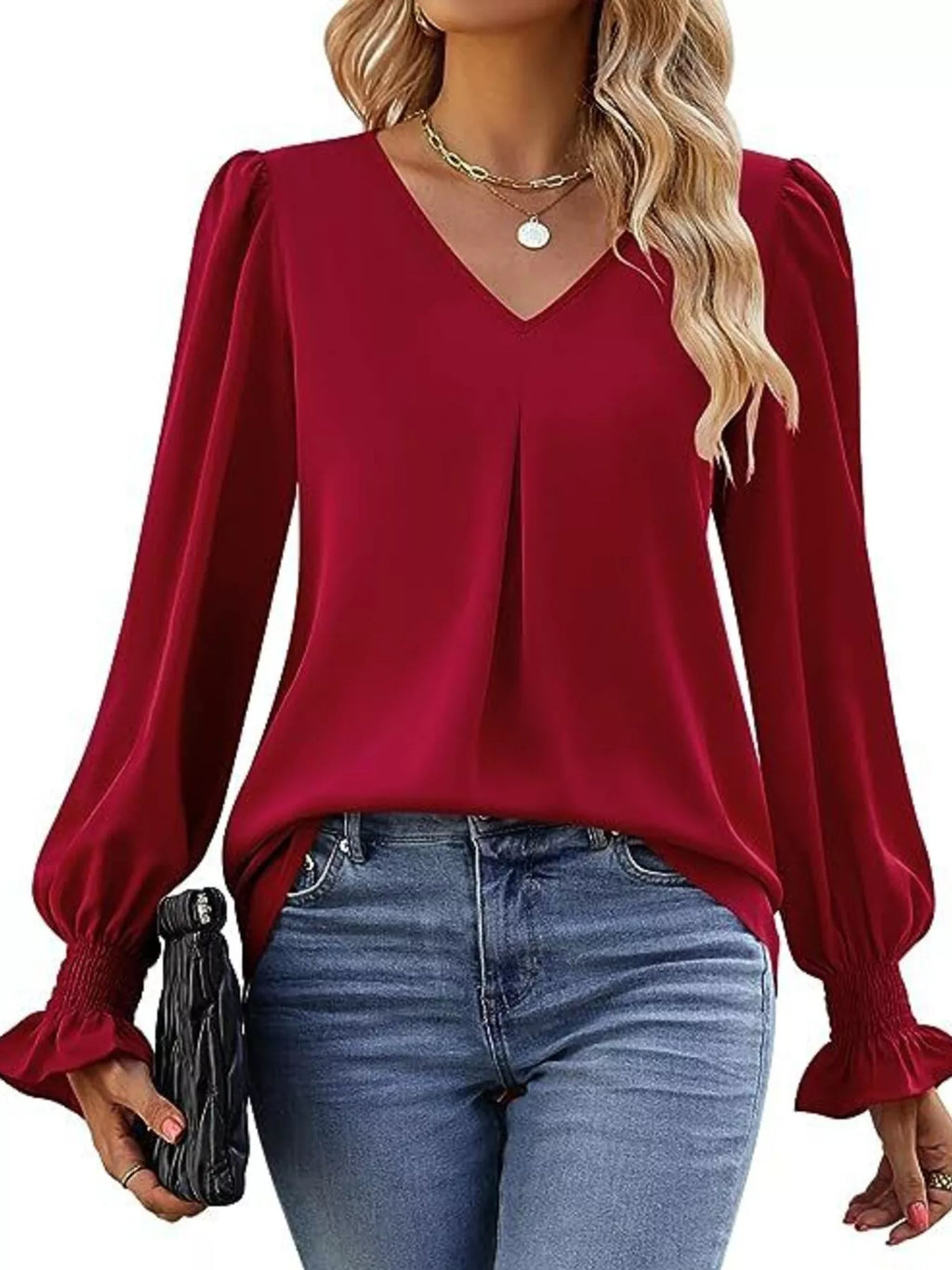 V-Neck Long Sleeve Ruffle Cuff Blouse