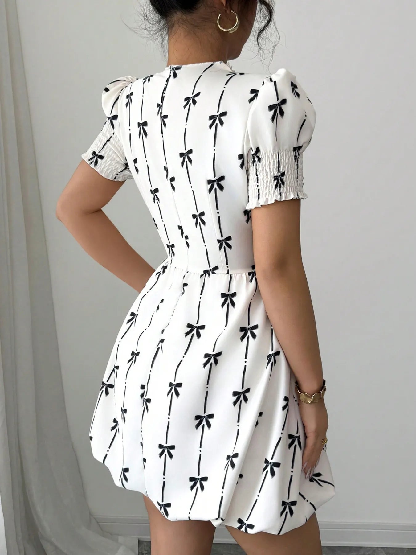 Smocked Bow Print Short Sleeve Dress