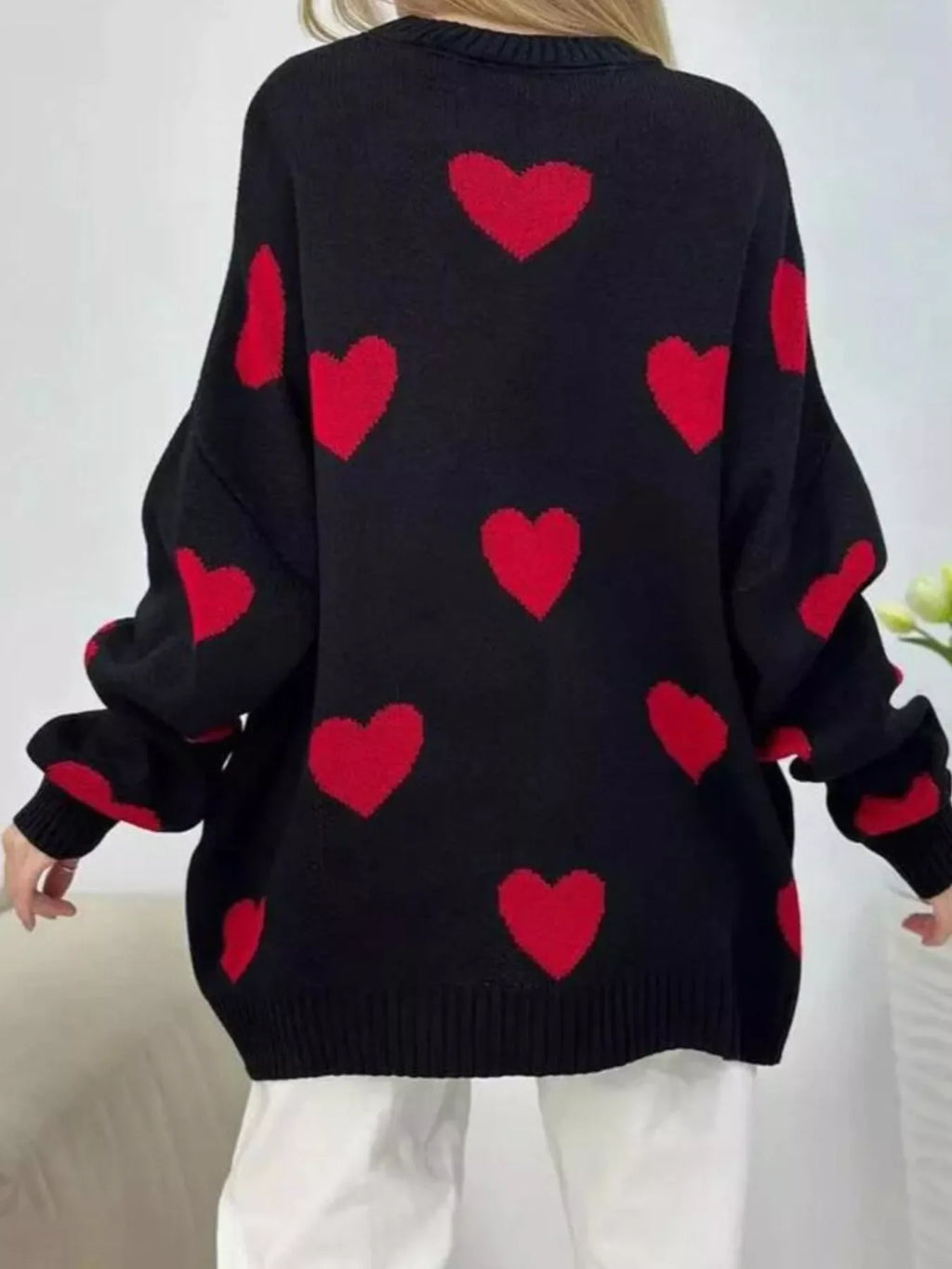Heart Round Neck Oversized Knit Sweater
