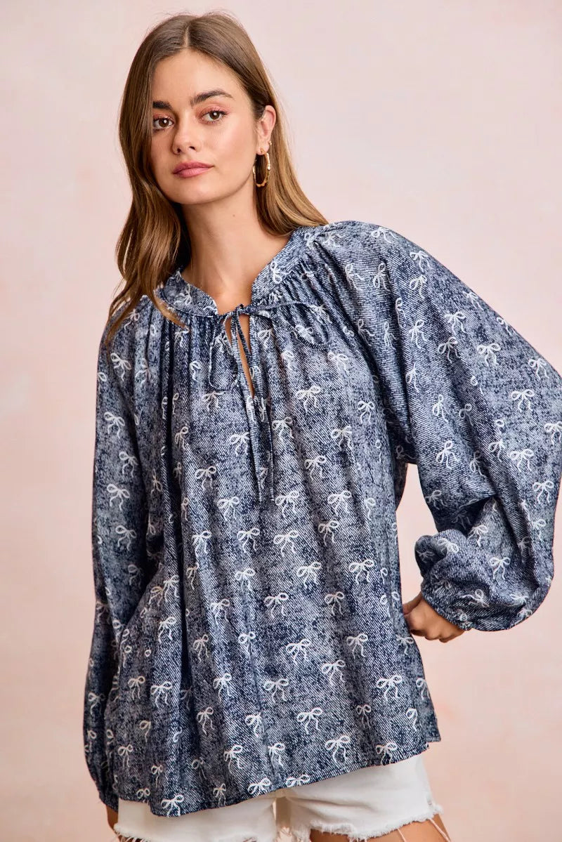 BiBi Ribbon Bow Print Exaggerated Balloon Sleeves Top