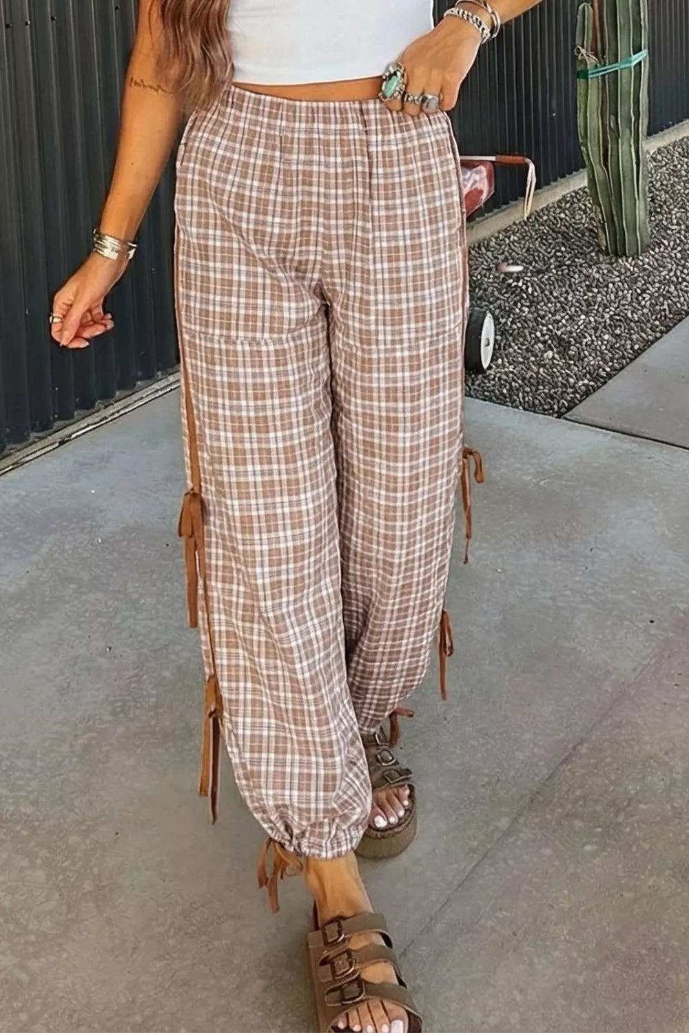 Plaid Print Tie Detail Casual Pants