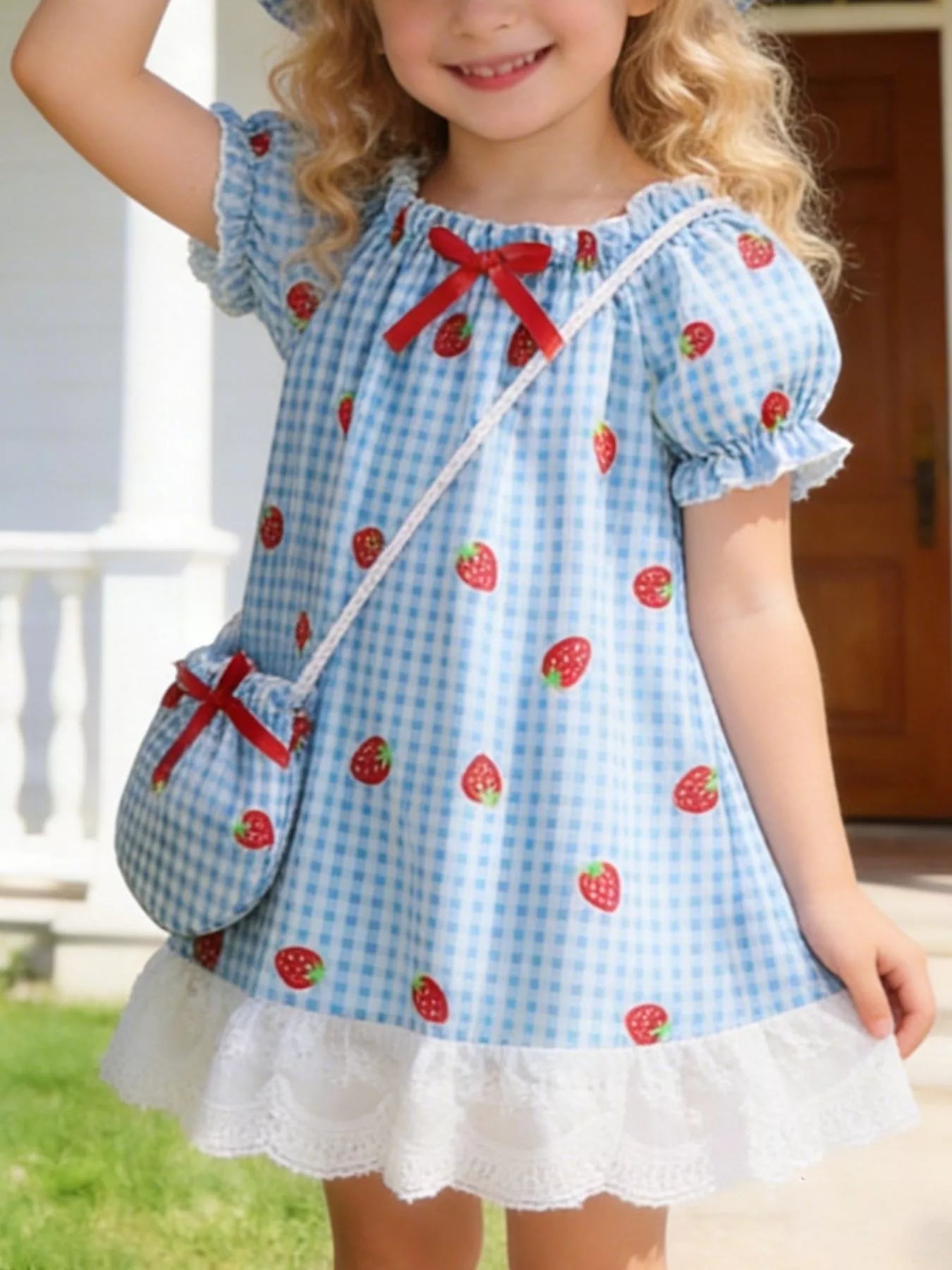 Children's Strawberry Gingham Dress with Matching Purse & Hat Set