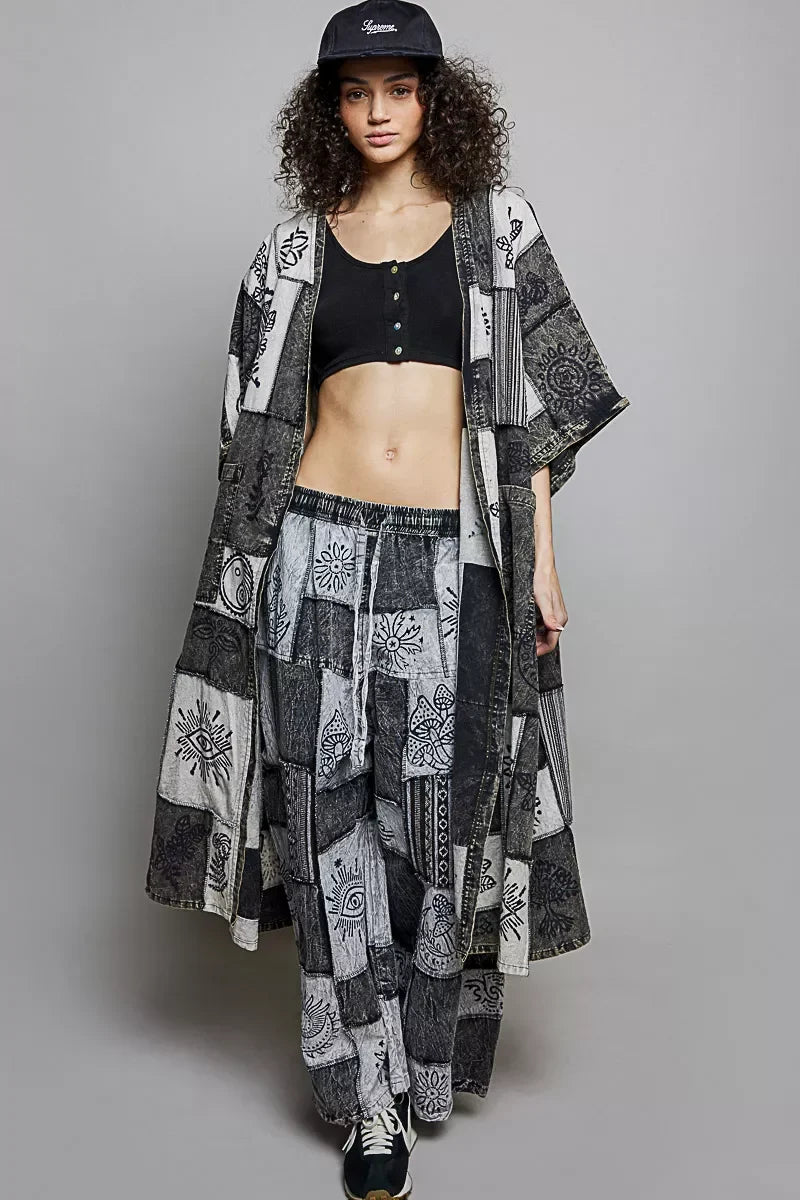 POL Open Front Printed Patchwork Longline Cardigan