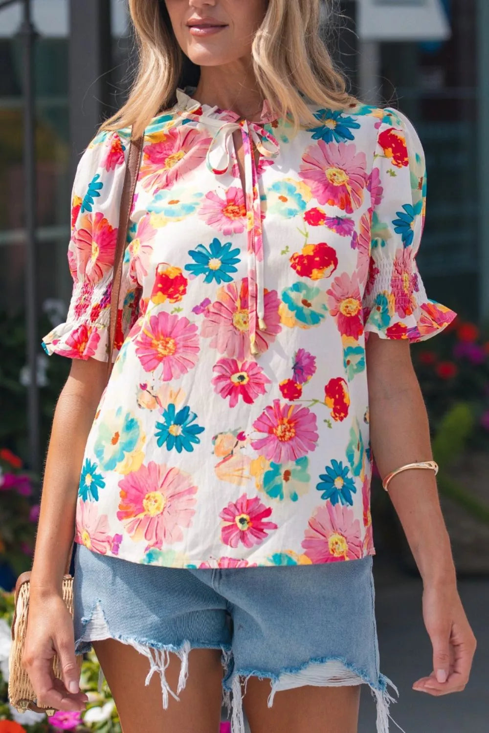 Floral Print Ruched Short Sleeve Blouse