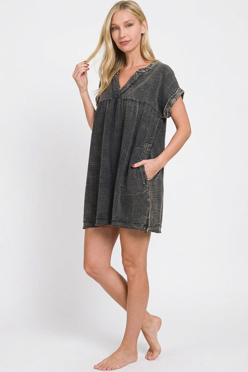 Zenana Washed Double Gauze Raw Edge V-neck Dress