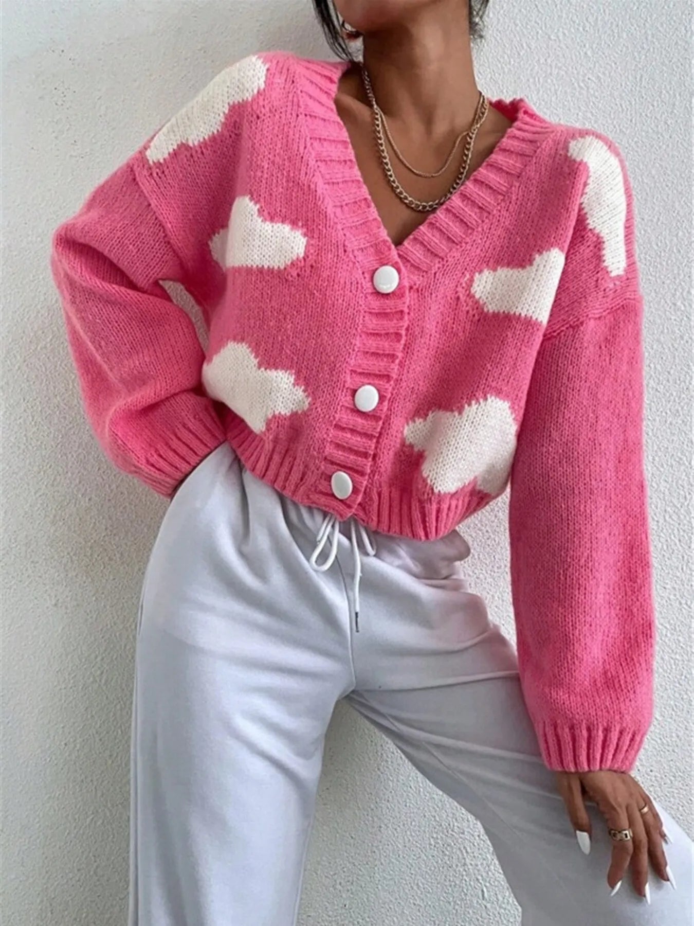 Contrast Cloud Pattern Cropped Button-Up Cardigan