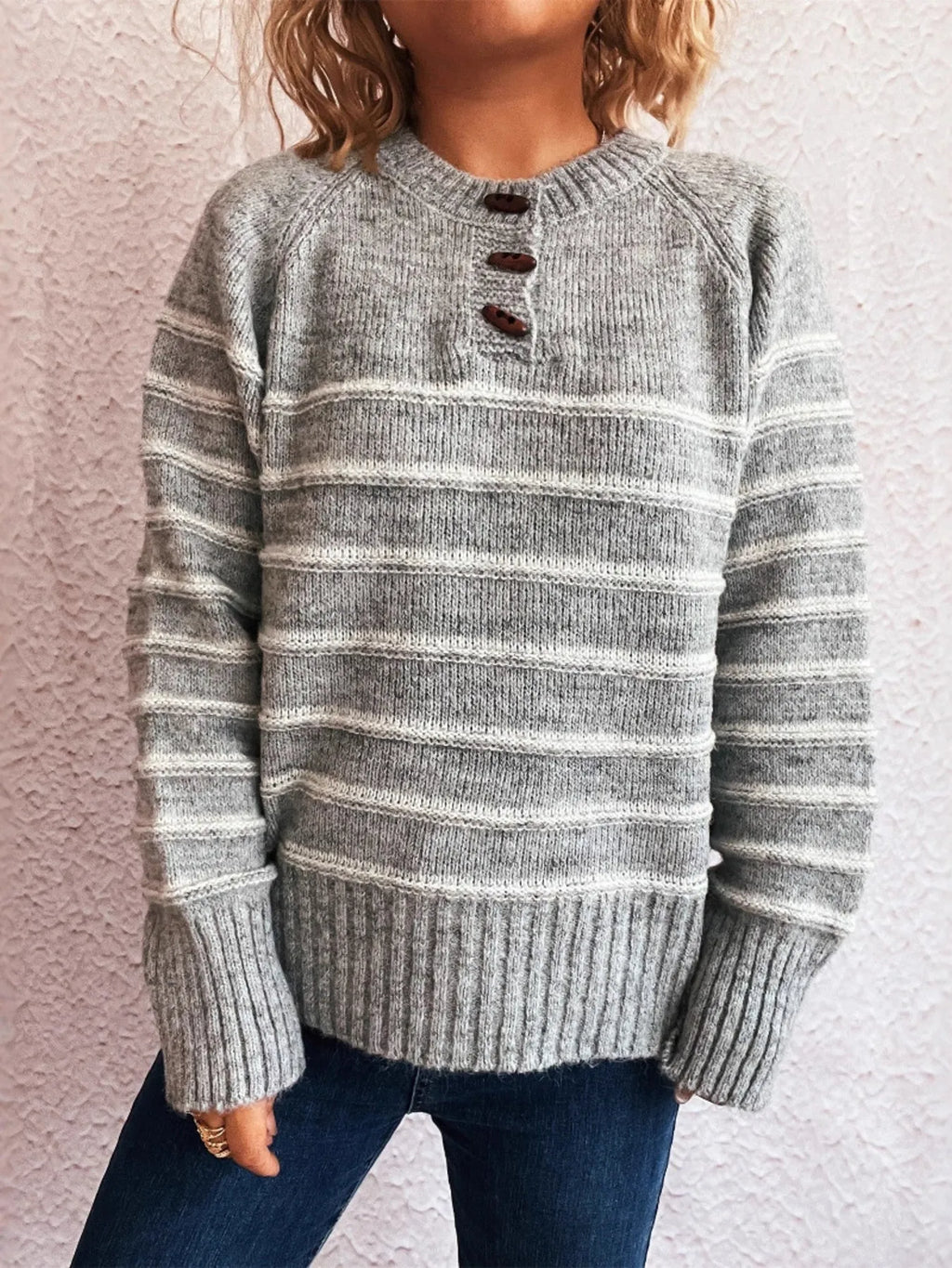 Striped Button Detail Long Sleeve Sweater