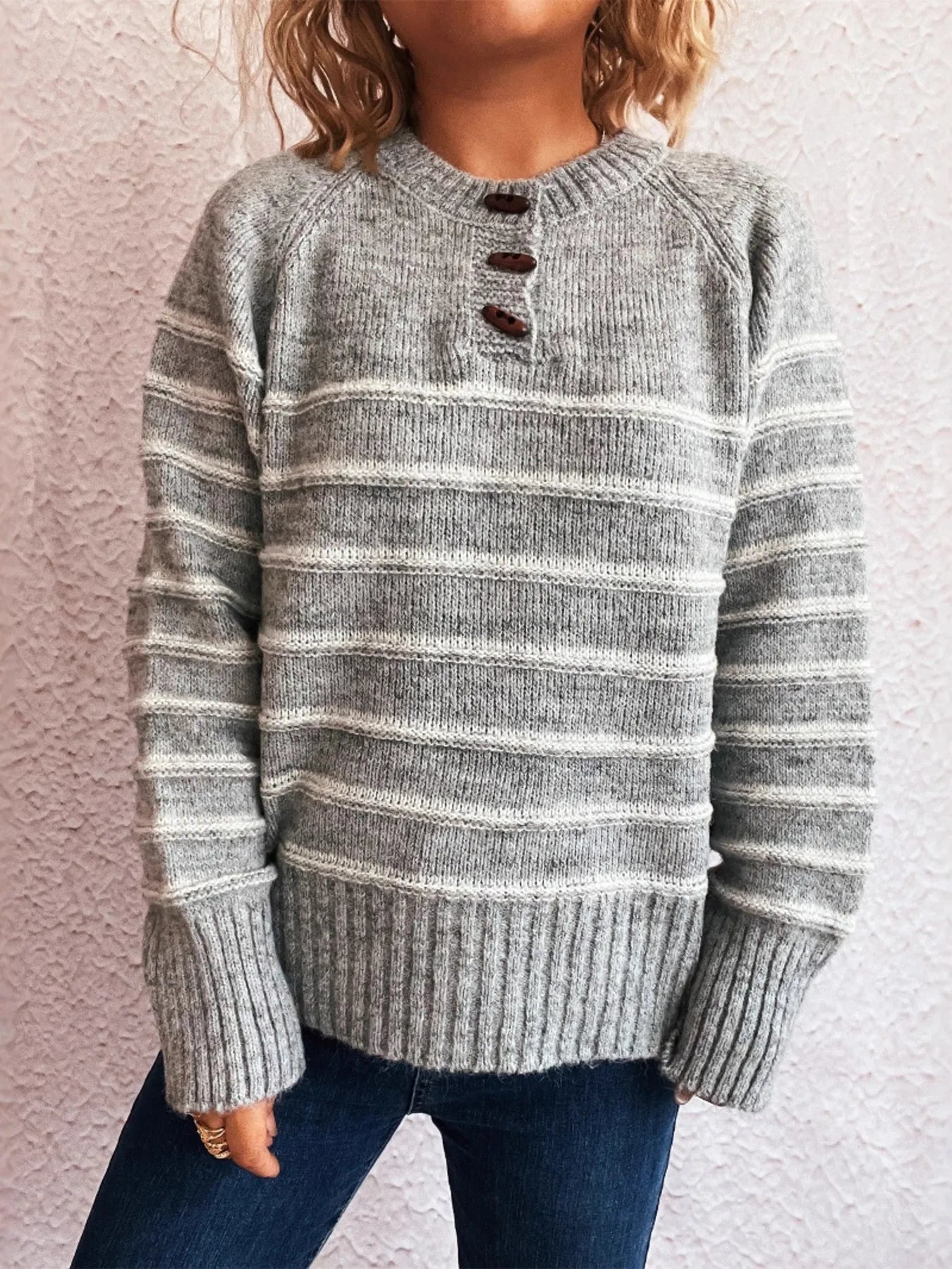 Striped Button Detail Long Sleeve Sweater