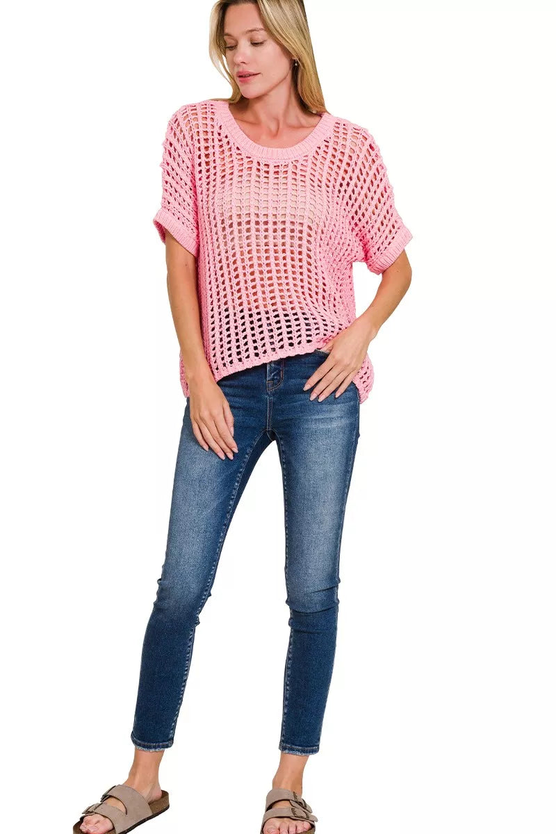 Zenana Fish Net Short Sleeve Crochet Knit Cover Up