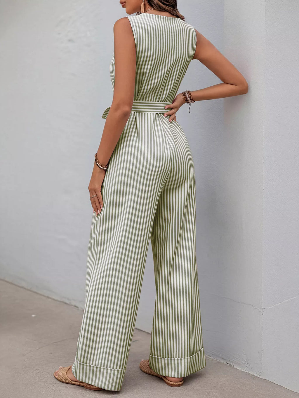 Striped Button-Front Tie Waist Wide Leg Jumpsuit