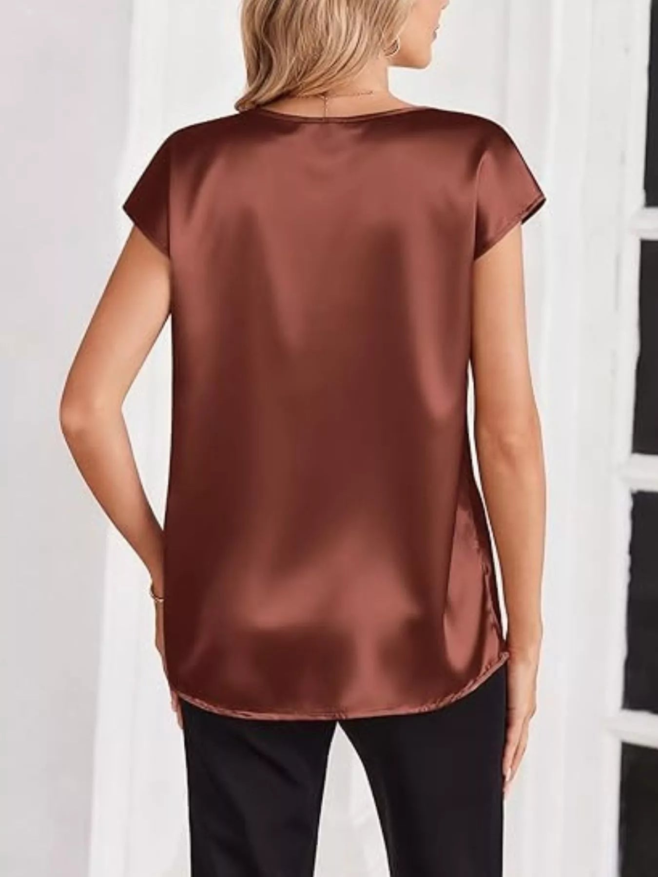 Satin V-Neck Short Sleeve Blouse