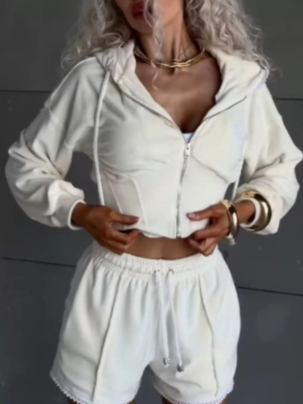 Zip Up Hooded Outerwear and Shorts Set