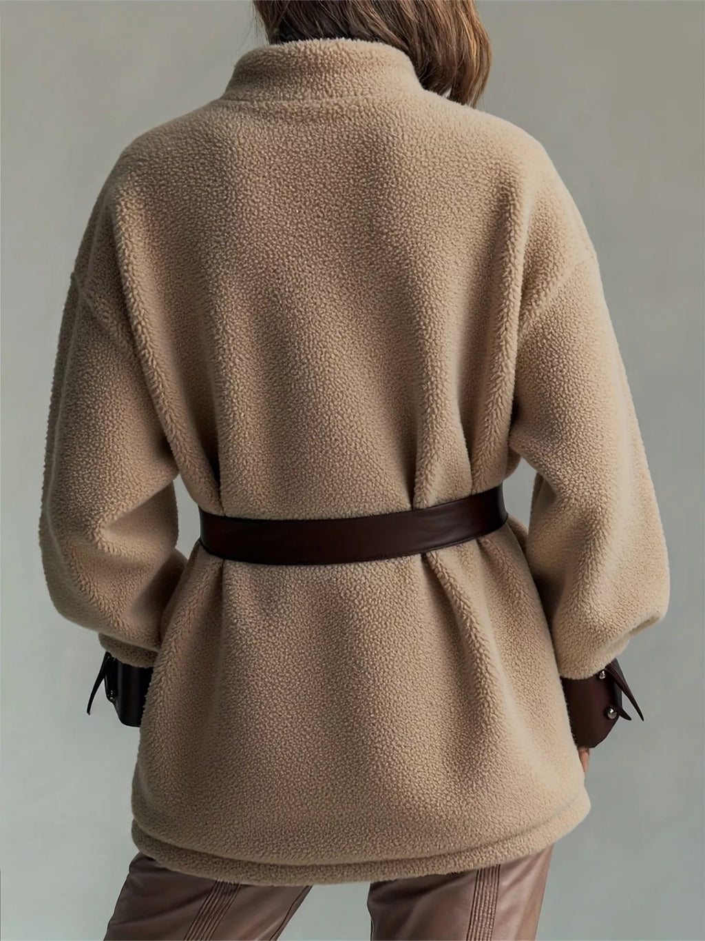 Leather Trim Sherpa Outerwear with Pockets