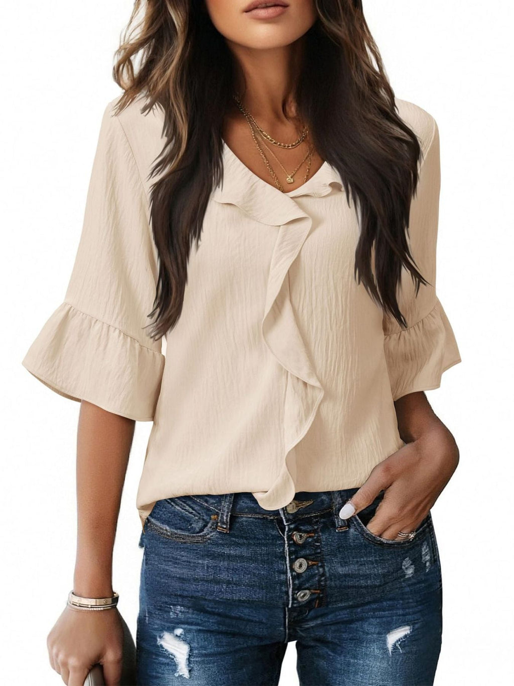 Ruffle V-Neck Flounce Sleeve Blouse