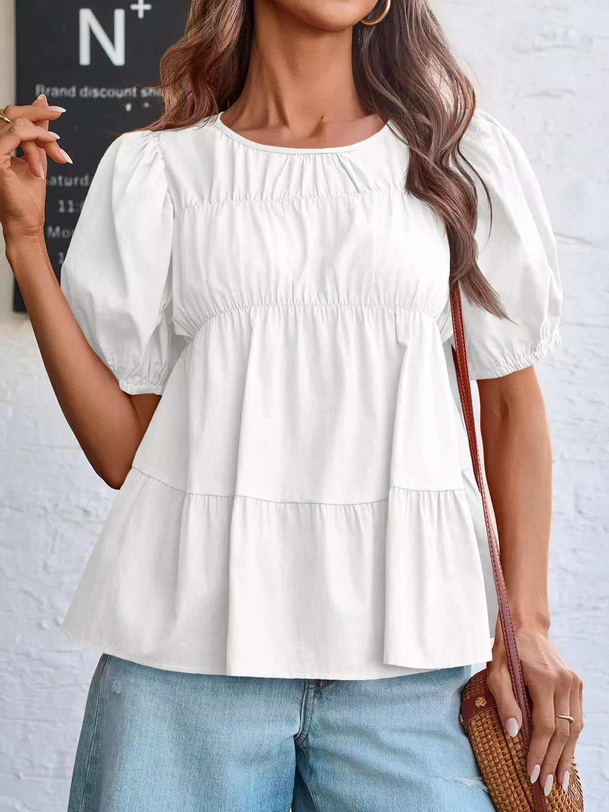 Ruched Tiered Puff Sleeve Blouse