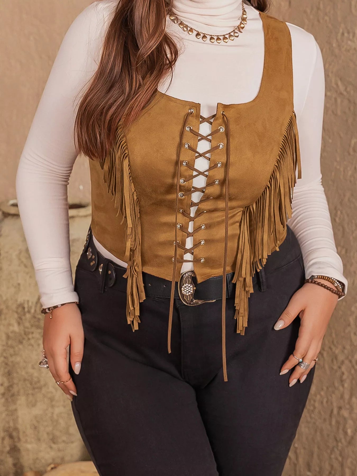 Plus Size Fringed Lace-Up Suede Vest