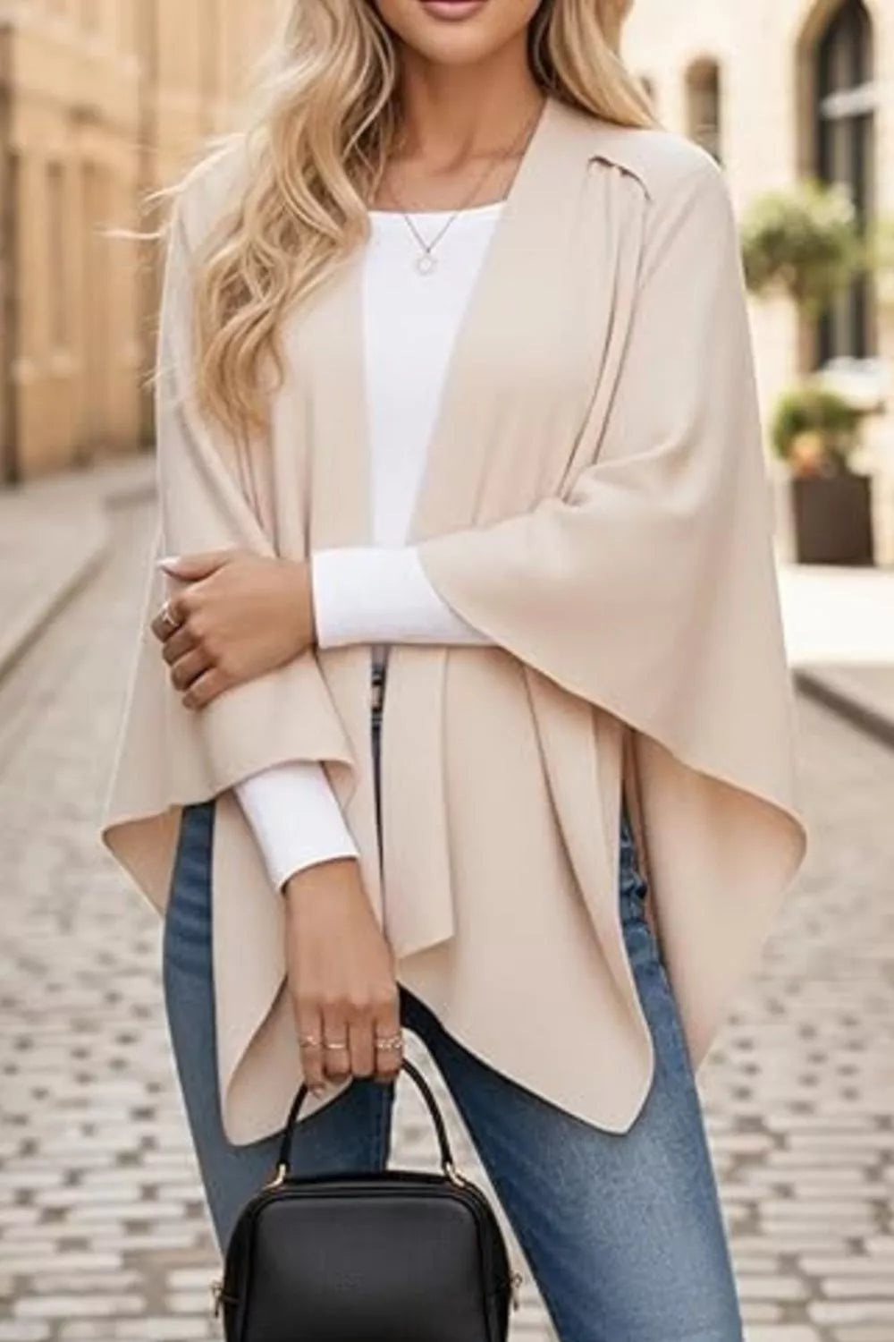 Draped Knitted Split Cape Shawl with Strap