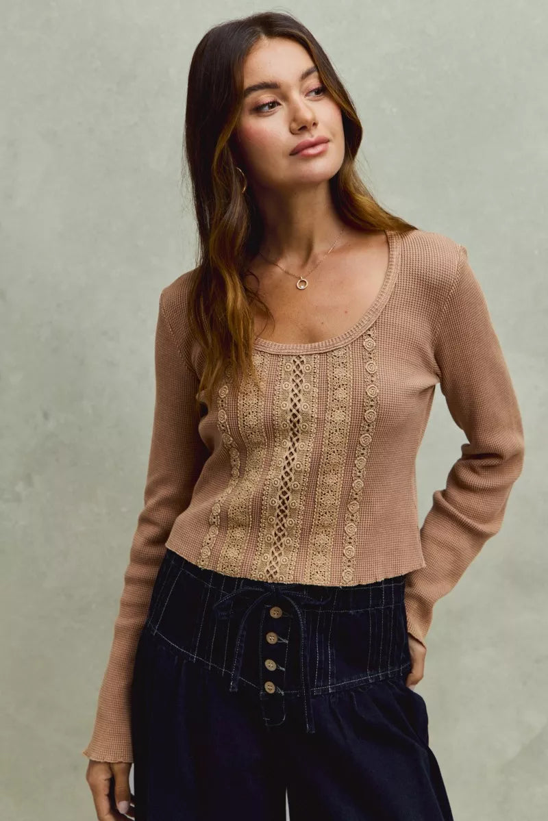 SO ME Vintage Washed Lace Crop Thermal Washed Knit Top