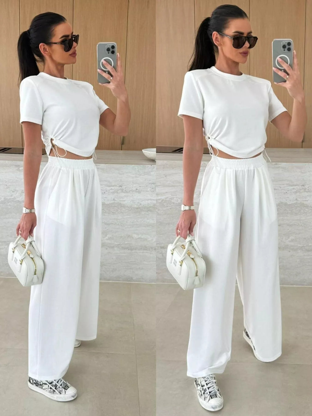 Drawstring Crop Top and Wide-Leg Pants Set