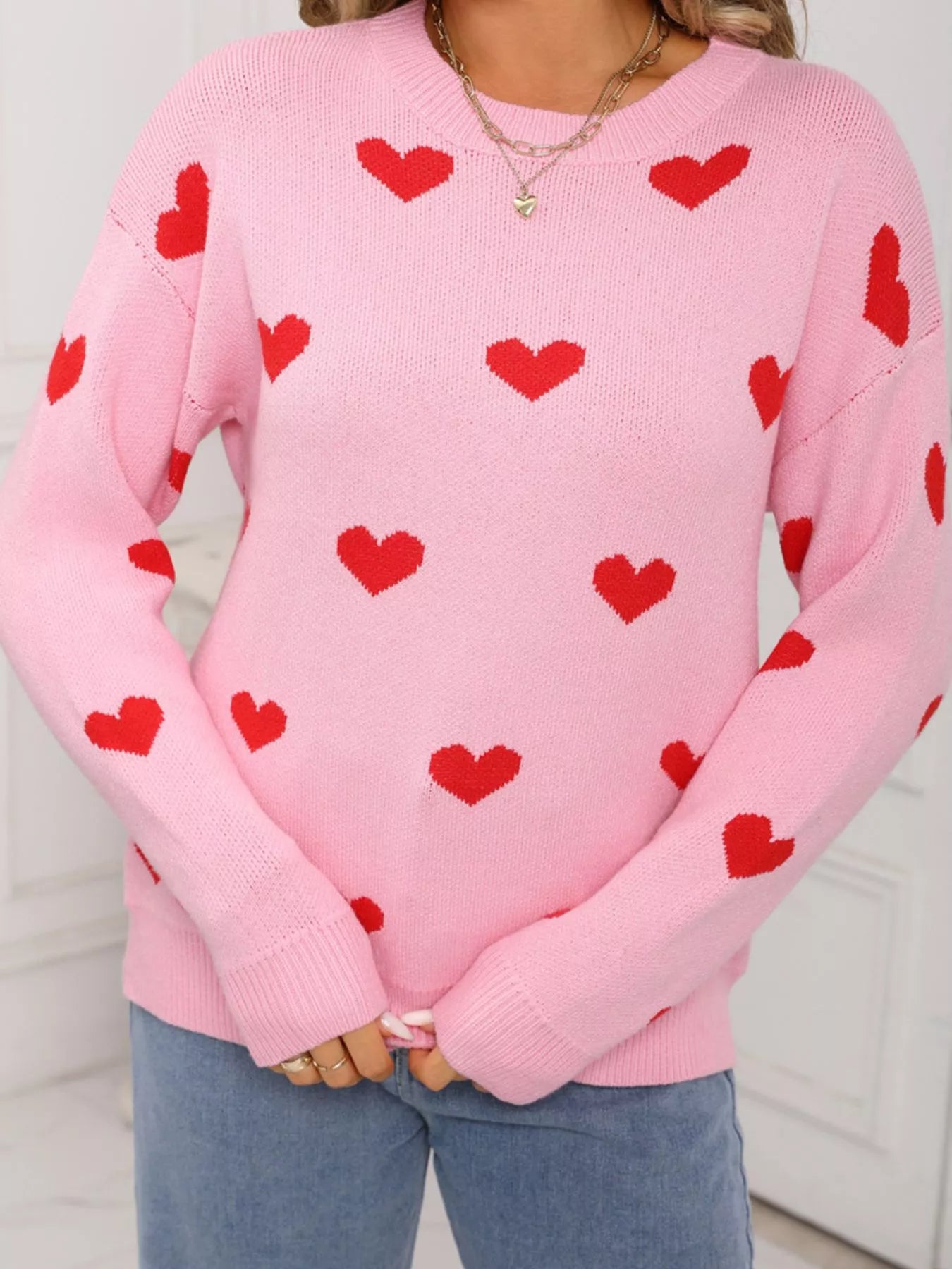 Valentine's Day Heart Pattern Dropped Shoulder Sweater