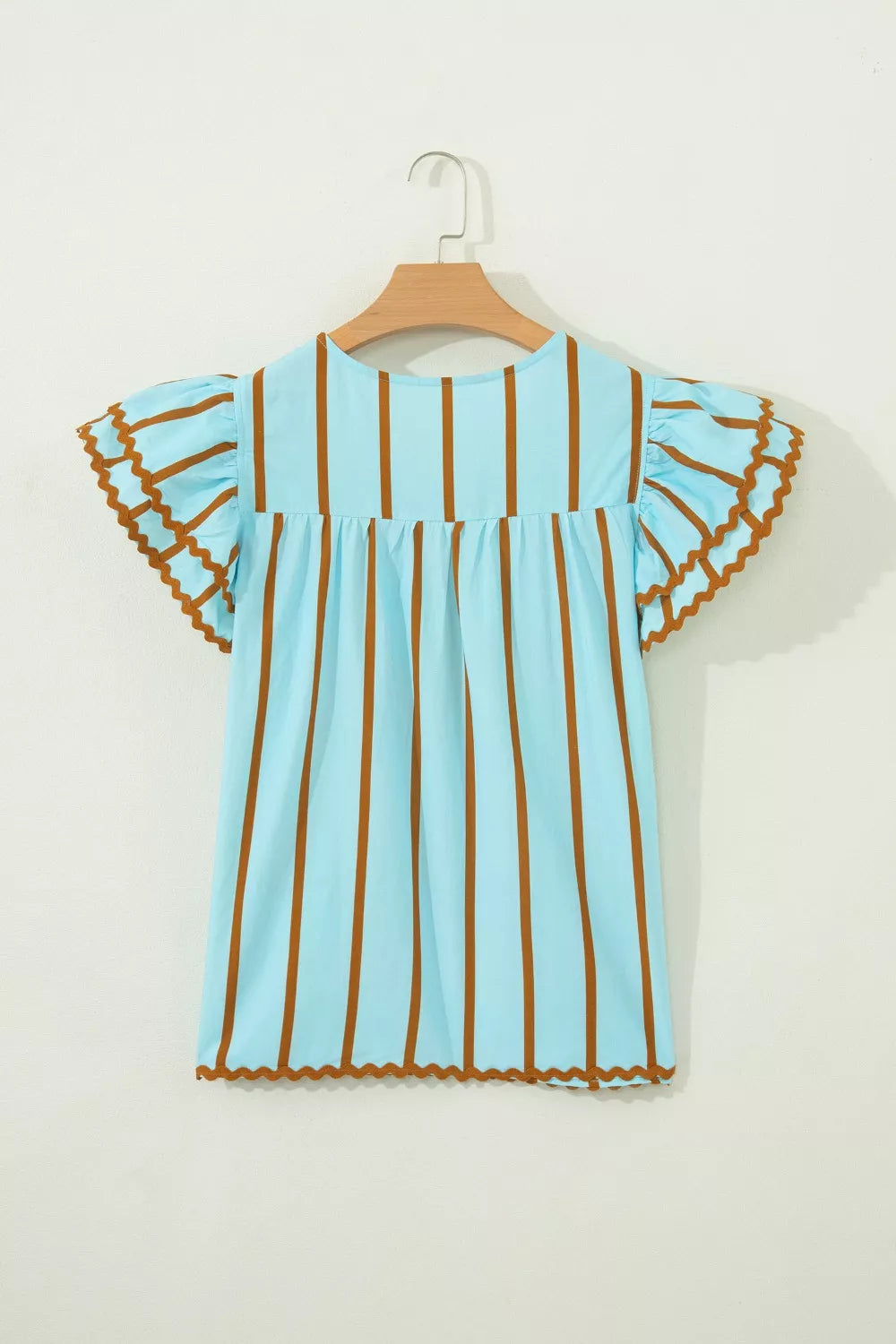 Stripe Ricrac Trim Double Ruffled Short Sleeve V Neck Blouse