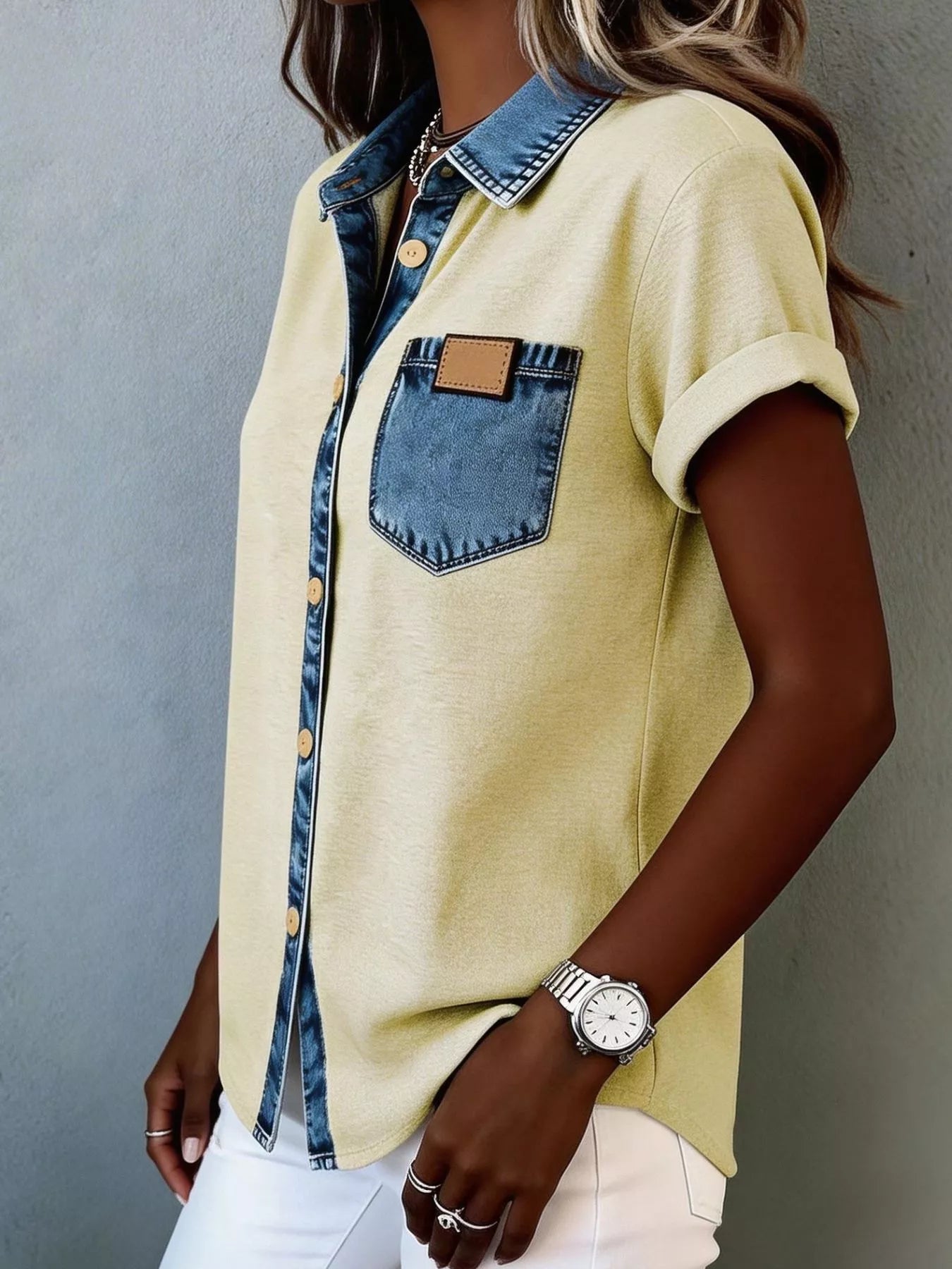 Denim Trim Short Sleeve Shirt
