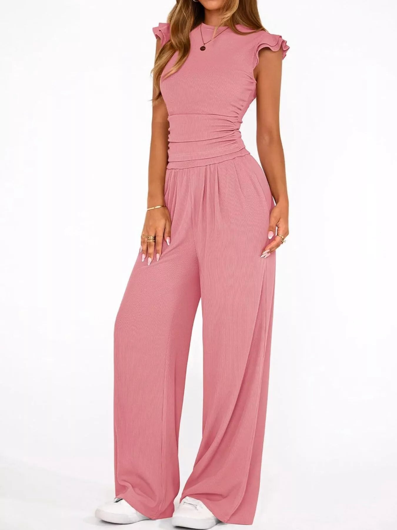 Ruffled Mock Neck Top and Wide Leg Pants Set