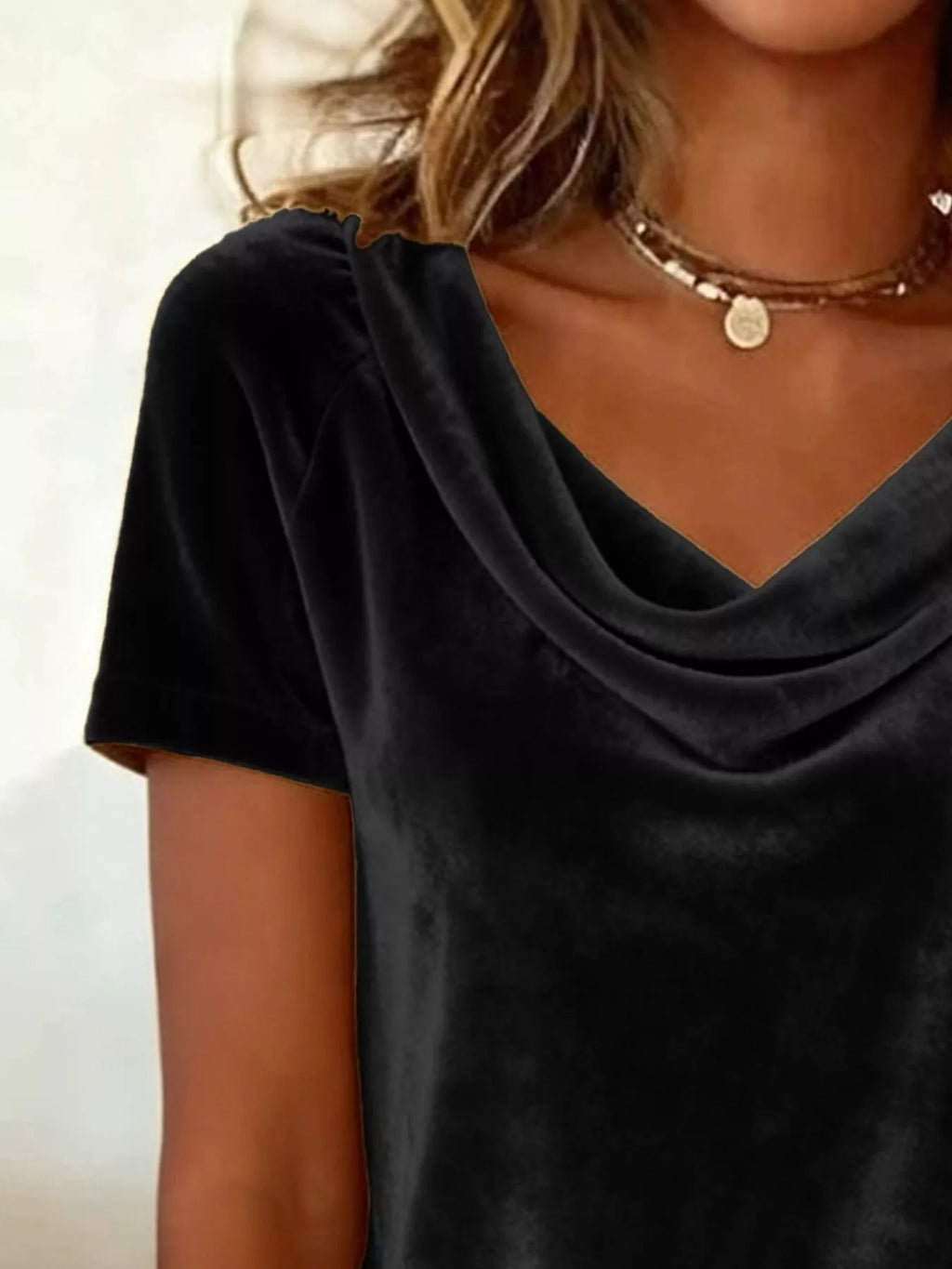 Velvet Cowl Neck Short Sleeve Top