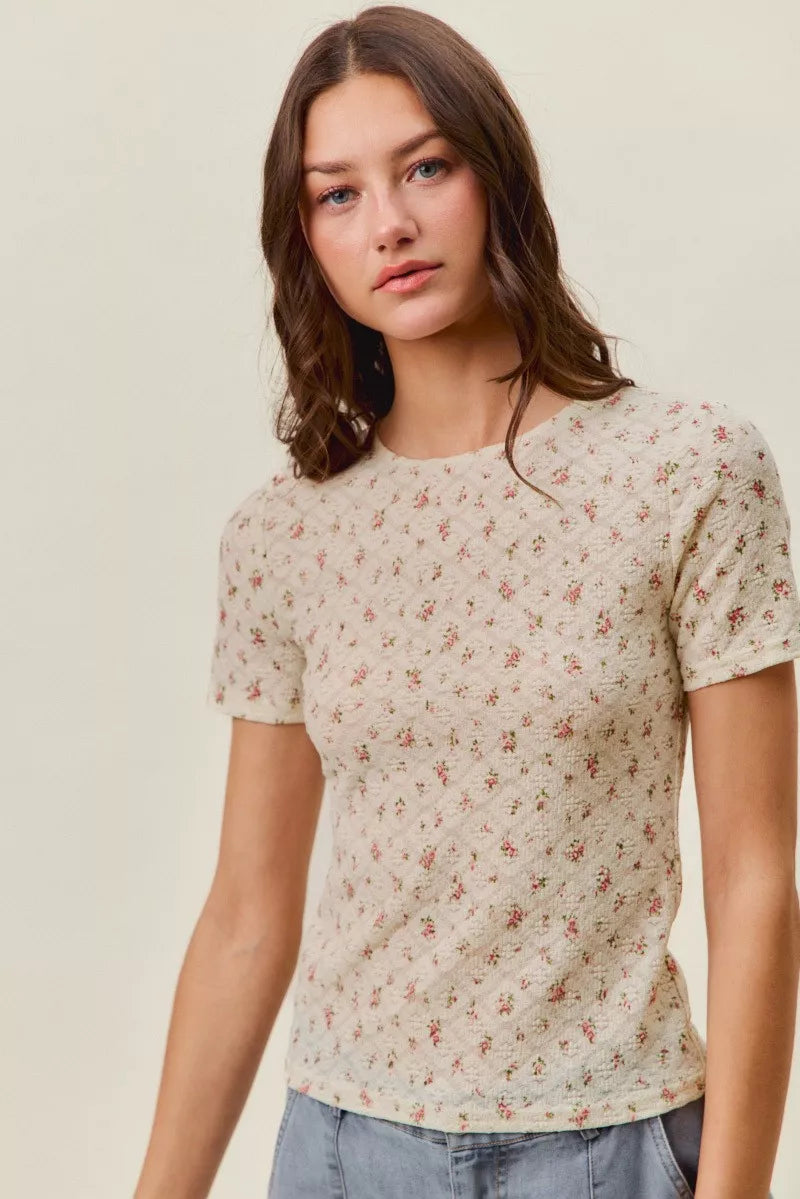 SO ME Floral Print Lace Short Sleeves Layering Knit Top