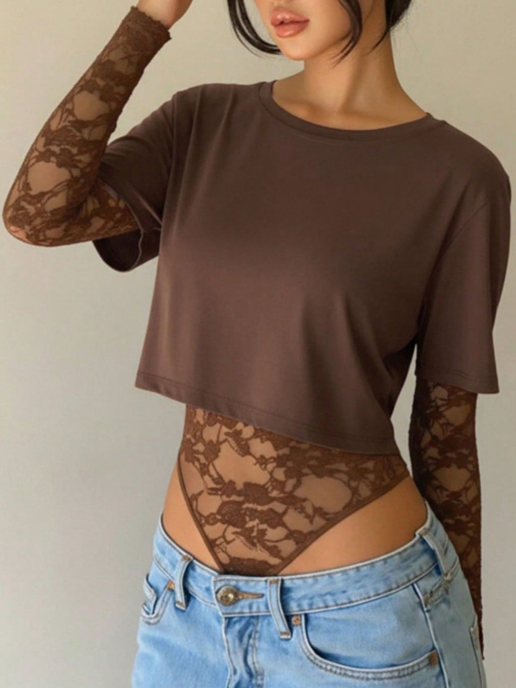 Lace Patchwork Round Neck Bodysuit