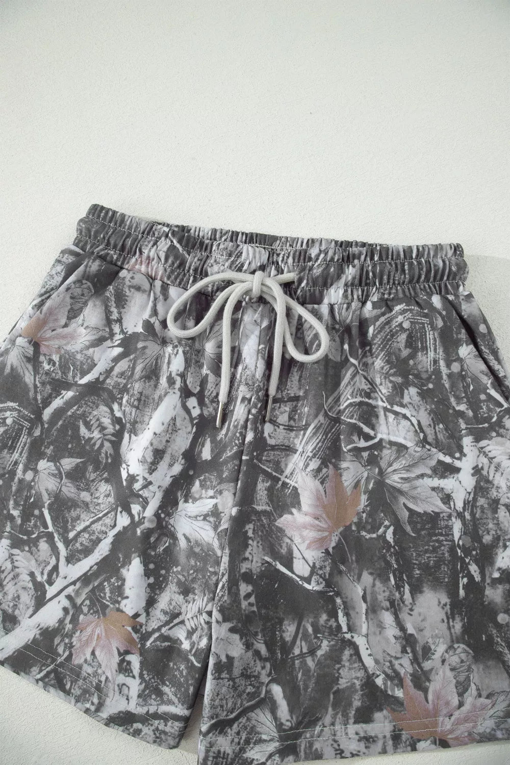 Abstract Maple Leaf Printed Tie Elastic Waist Shorts