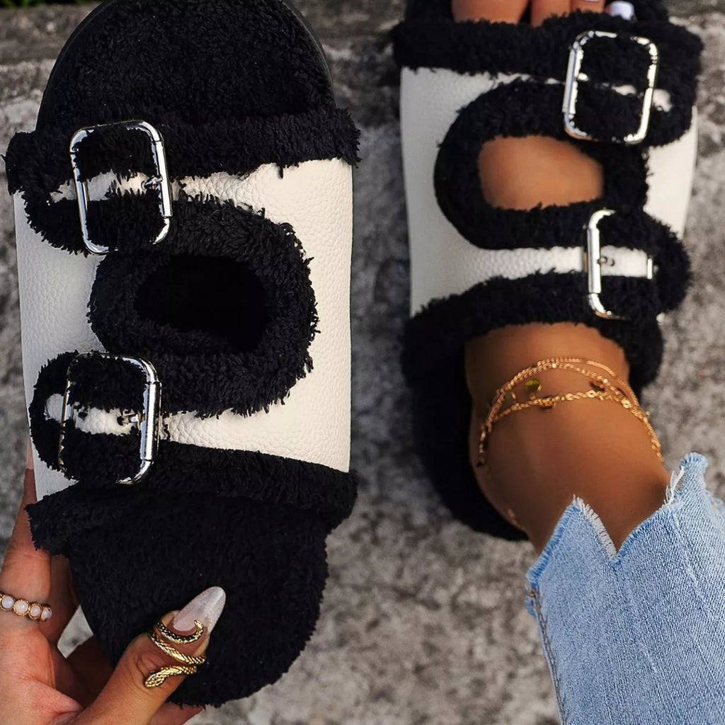 Buckle Decor Plush Lined Platform Slippers