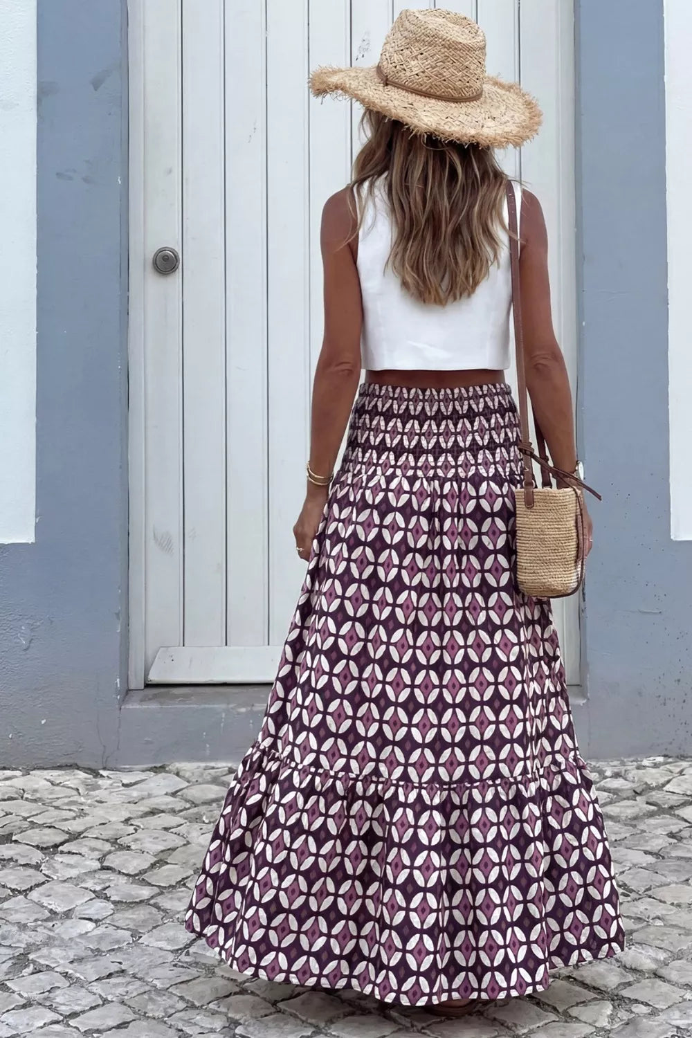 Geometric Print Smocked Waist Maxi Skirt