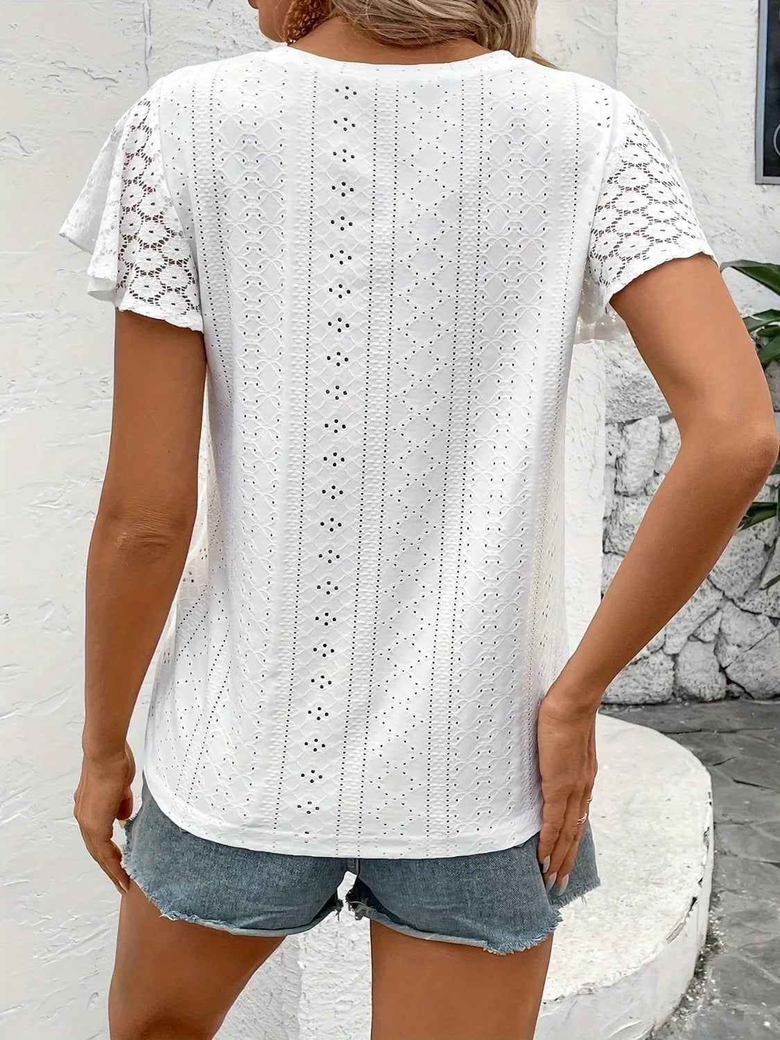 Eyelet V-Neck Flutter Sleeve Blouse