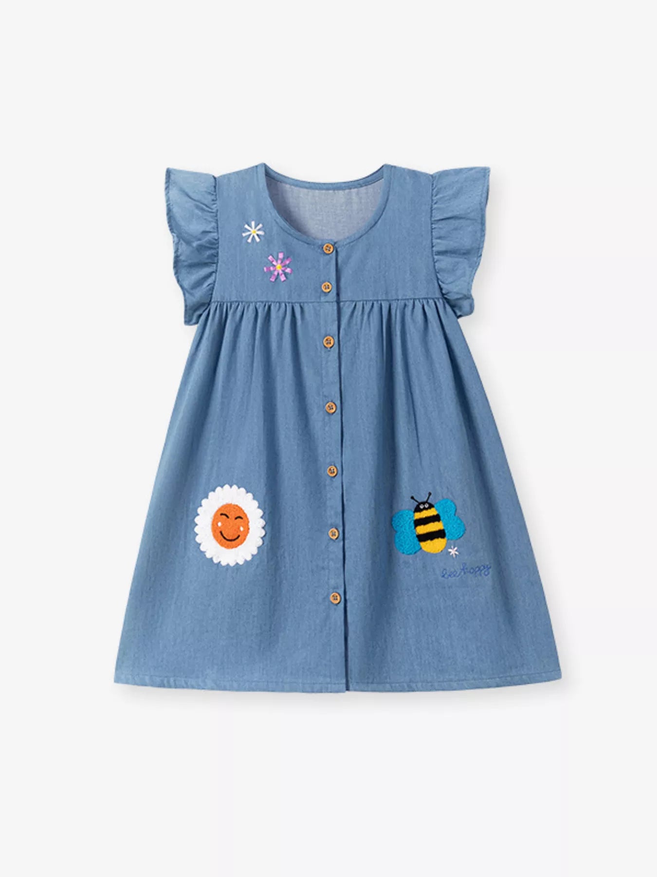 Children's Button Front Ruffle Sleeve· Denim Dress